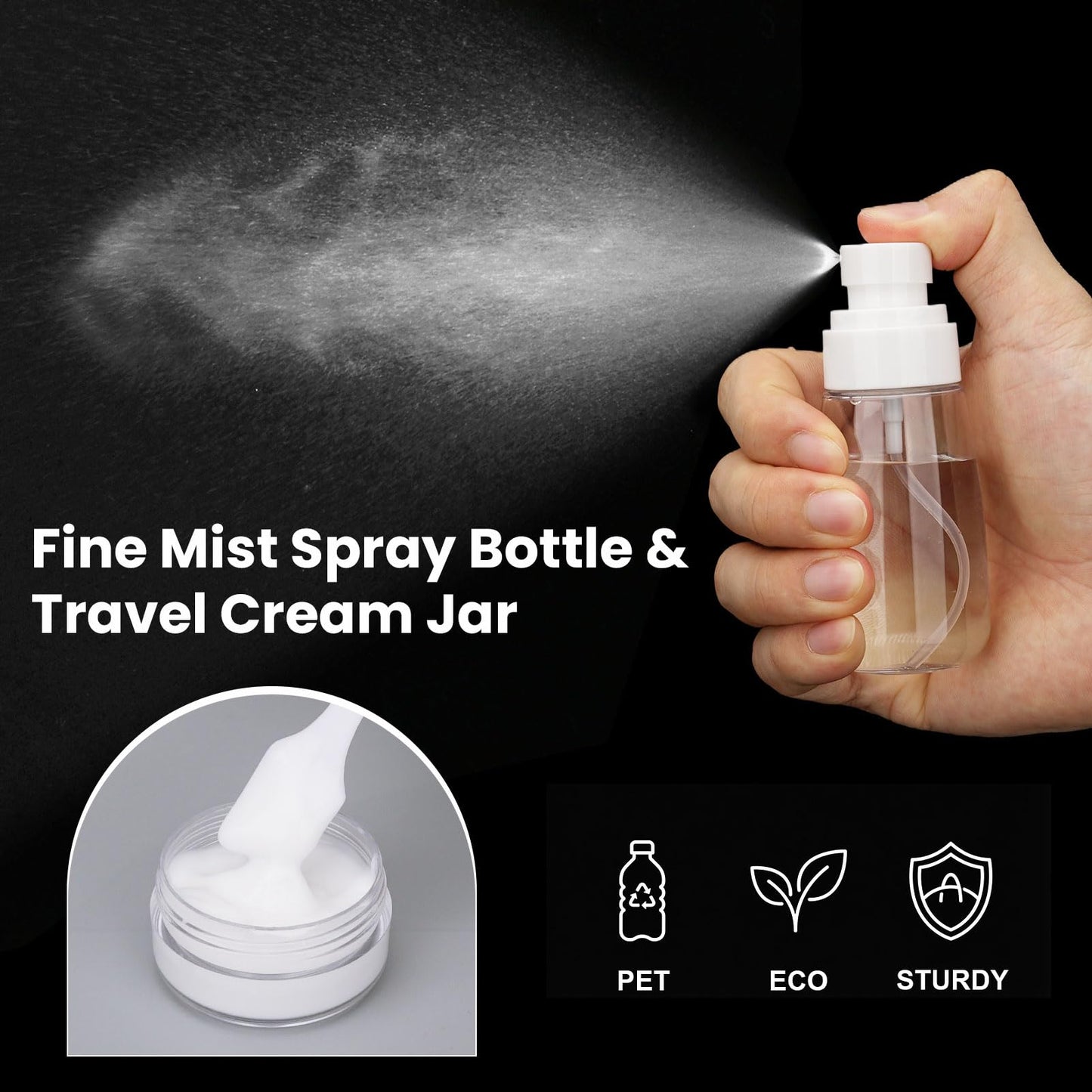 Decorniqu Travel Bottles for Toiletries 14PCS 3.4oz Pre-Printed Shampoo, Conditioner, Body Wash, Wide Mouth Containers TSA Approved 2oz Travel Spray Bottle Leak Proof 0.35oz Plastic Cream Jars(White)