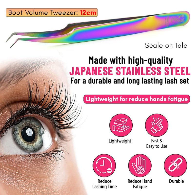 Fiber Tip Lash Tweezer for Eyelash Extensions – Curved 45 Degree Volume Tweezers for Women, Precision Stainless Steel, Professional Non Slip Grip for Classic, Volume & Mega Volume Fans (Rainbow)