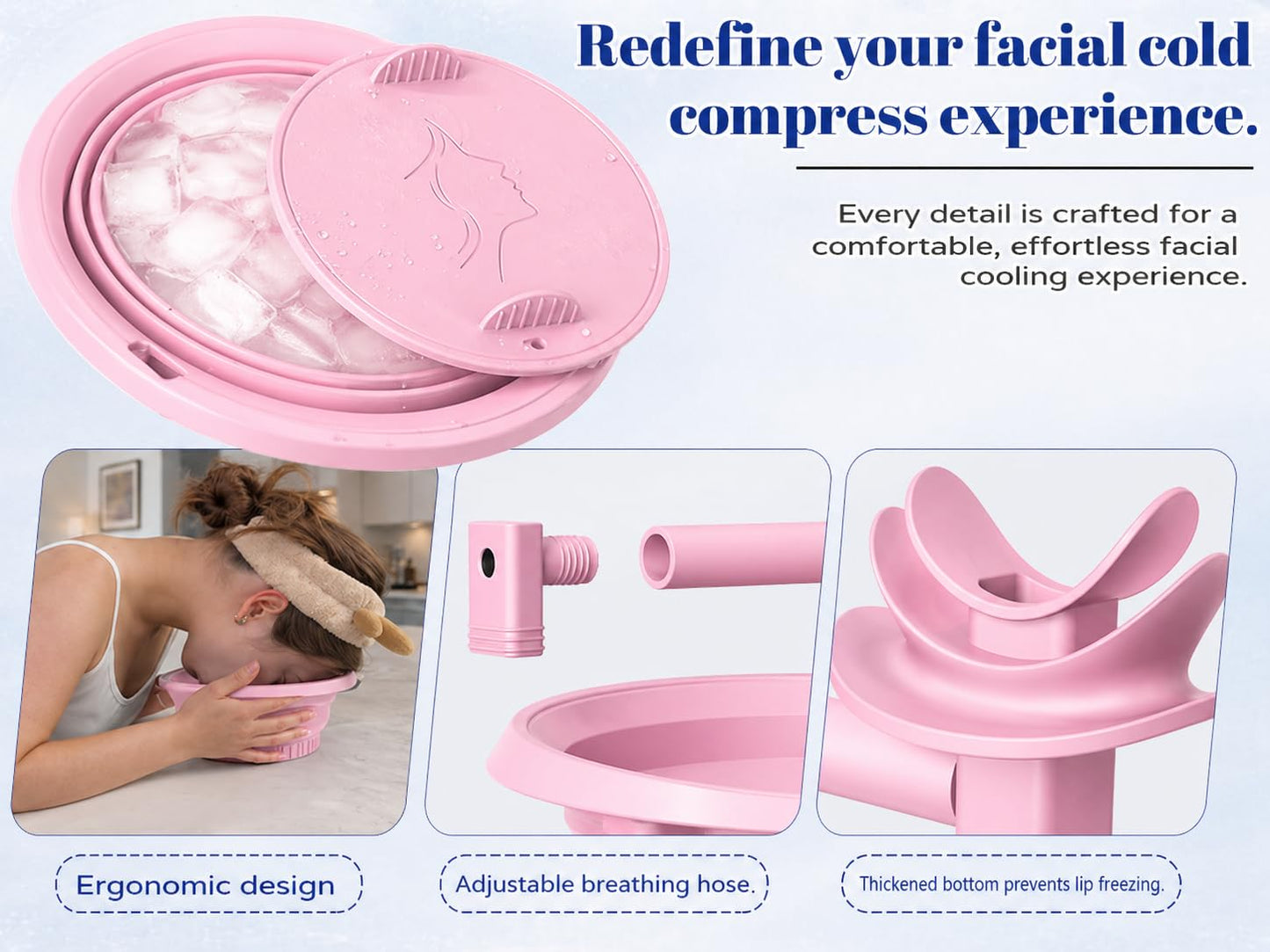Face Ice Bath Bowl with Breathing Tubes and Built-in Ice Tray, Collapsible Silicone Ice Bowl for Face Cold Plunge, Portable Facial Ice Roller Alternative for Skin Tightening and Depuffing (Pink)