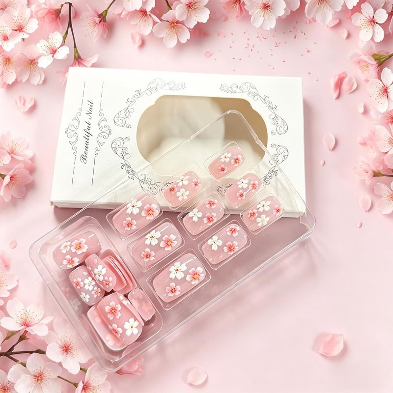Flower Press On Nails - Cherry Blossom Design Glossy Pink Acrylic | 24 Medium Square Fake Nails for Spring & Summer