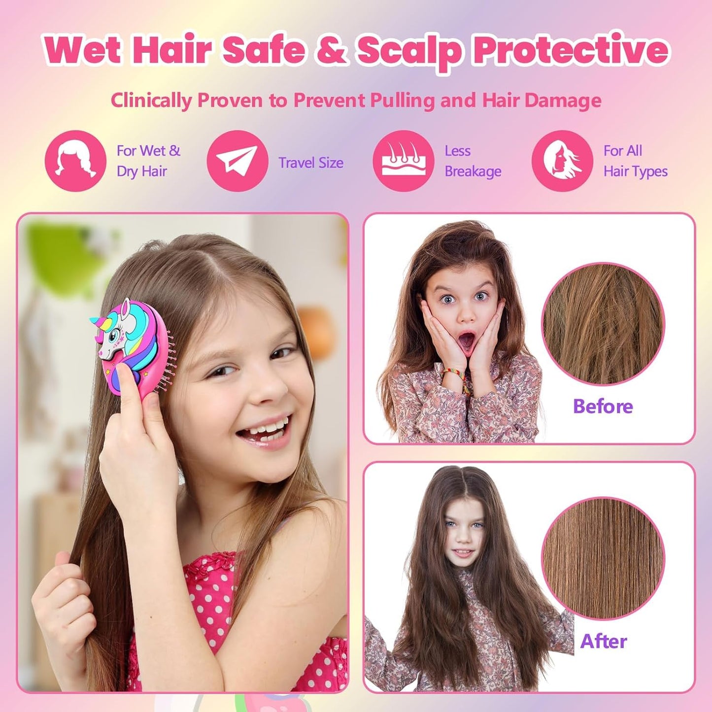 Toddler Hair Brush - Pink Mini Unicorn Detangling Brush for Kids 2-4 | Soft Ball-Tip Bristles, Travel-Friendly