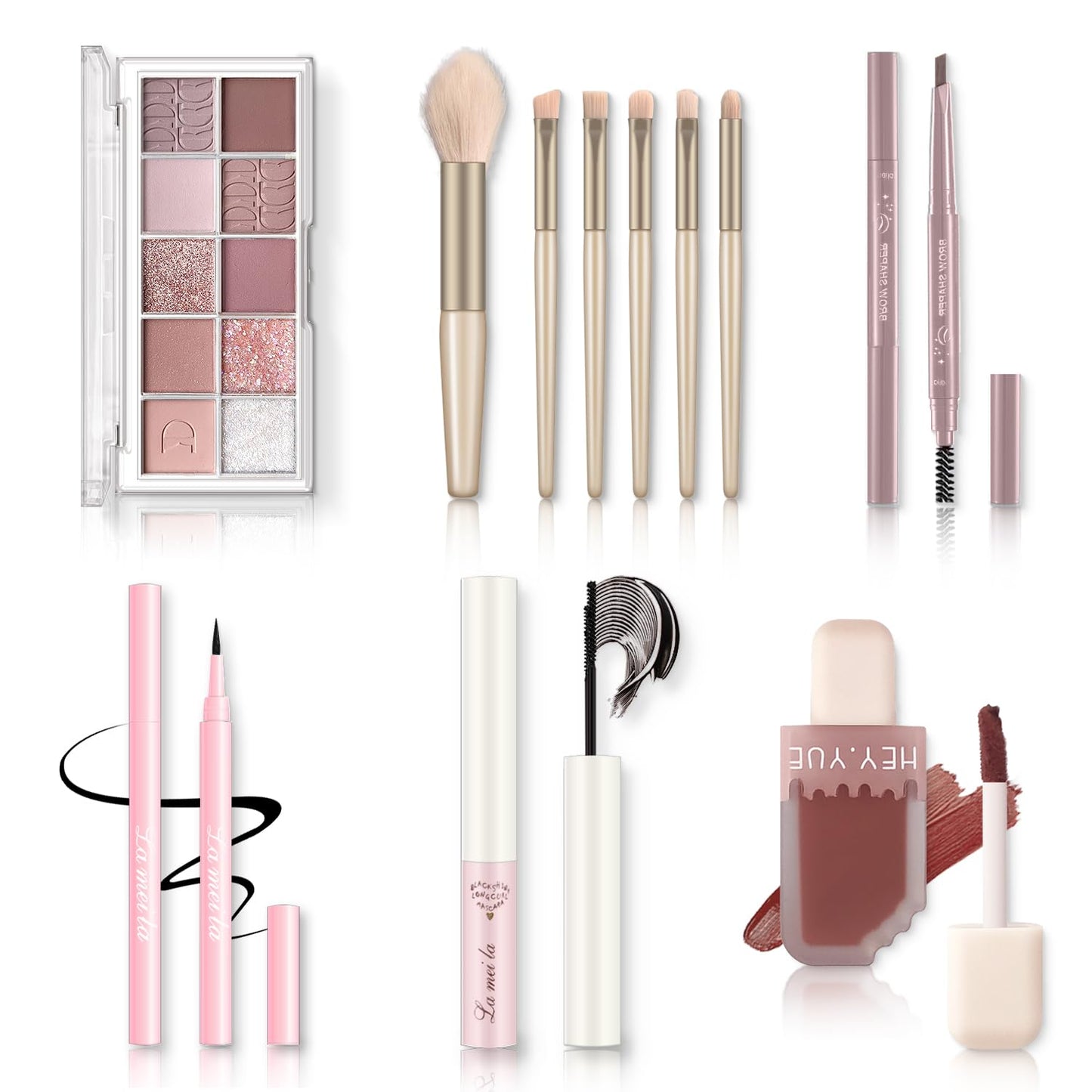 Qiong All in One Makeup Kit - Set for Women, Girls & Teens, Include 10 Colors Eyeshadow Palette, Lip Gloss, Eyebrow Eyeliner Pencil, Waterproof Mascara, 6 Pcs Brushes (Pink Kits)