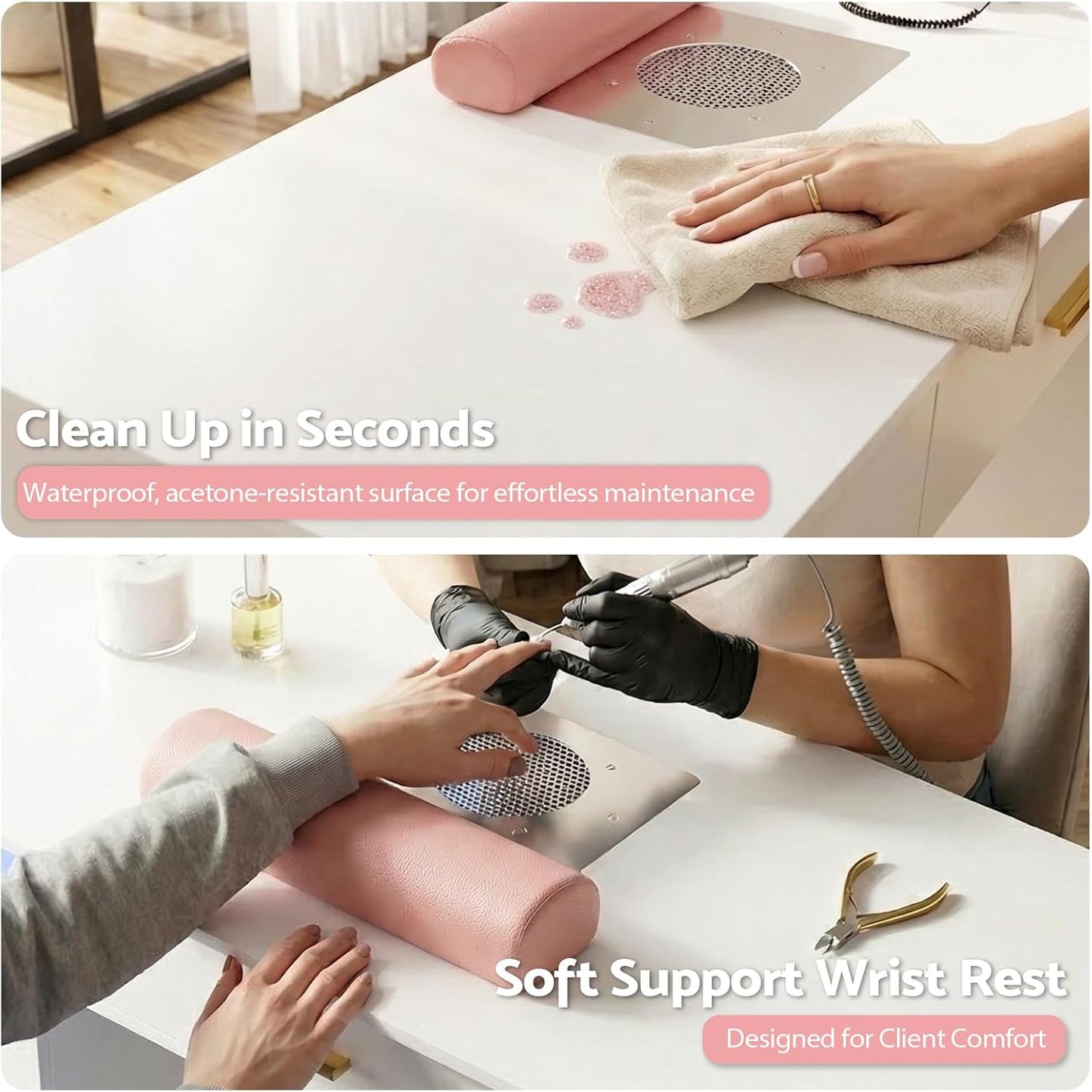 Nail Desk with Dust Collector & LED Lights - Professional Manicure Table for Salon or Home Studio | White with Pink Accents