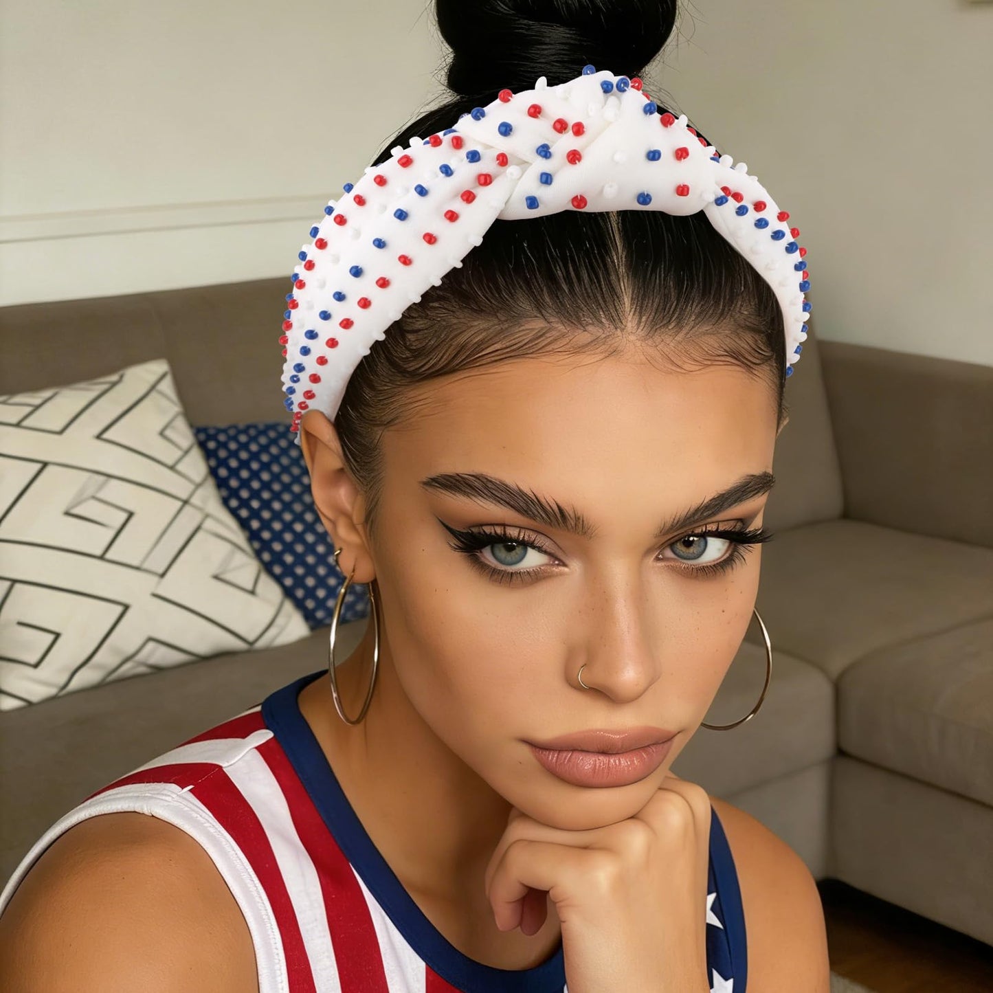 YISSION 4th of July Red White Blue Beaded Knotted Wide Headband for Adults - Patriotic Festival Hair Accessory for Independence Day Parades & Celebrations
