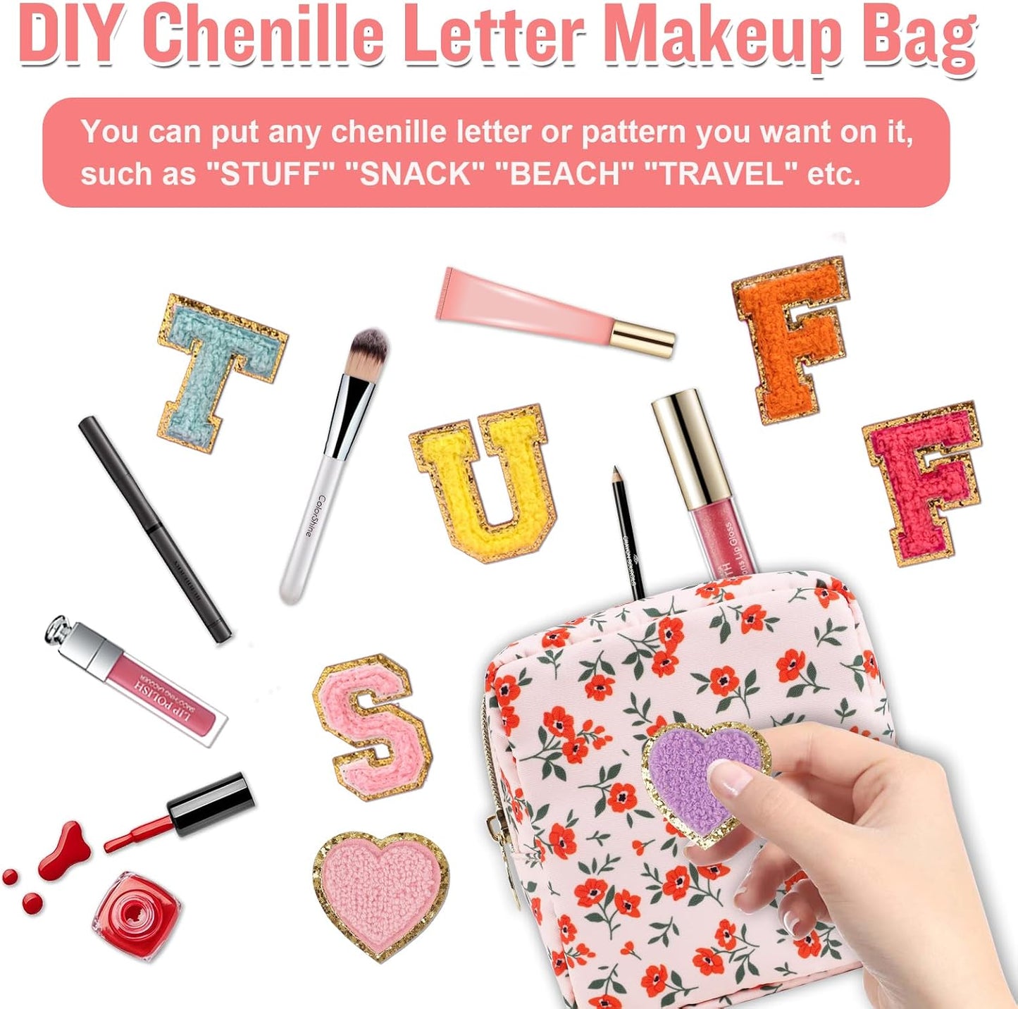Floral Makeup Bag - Cute Pink Nylon Zipper Pouch for Travel | Waterproof Cosmetic Organizer for Women