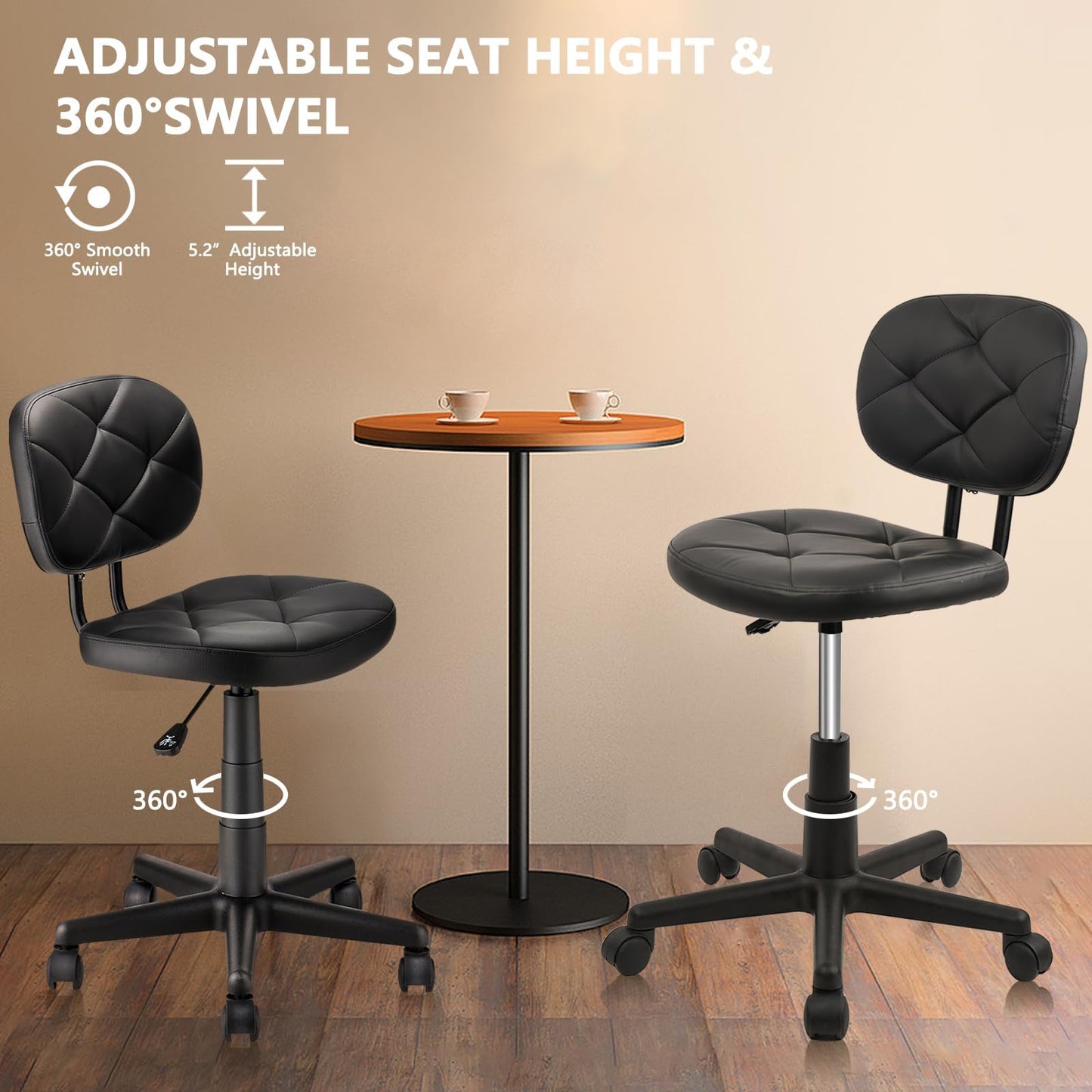 KLASIKA Round Rolling Stool with Adjustable Height and Pu Leather Backrest Swivel Stool Chair for Salon Tattoo Work Office Massage Black