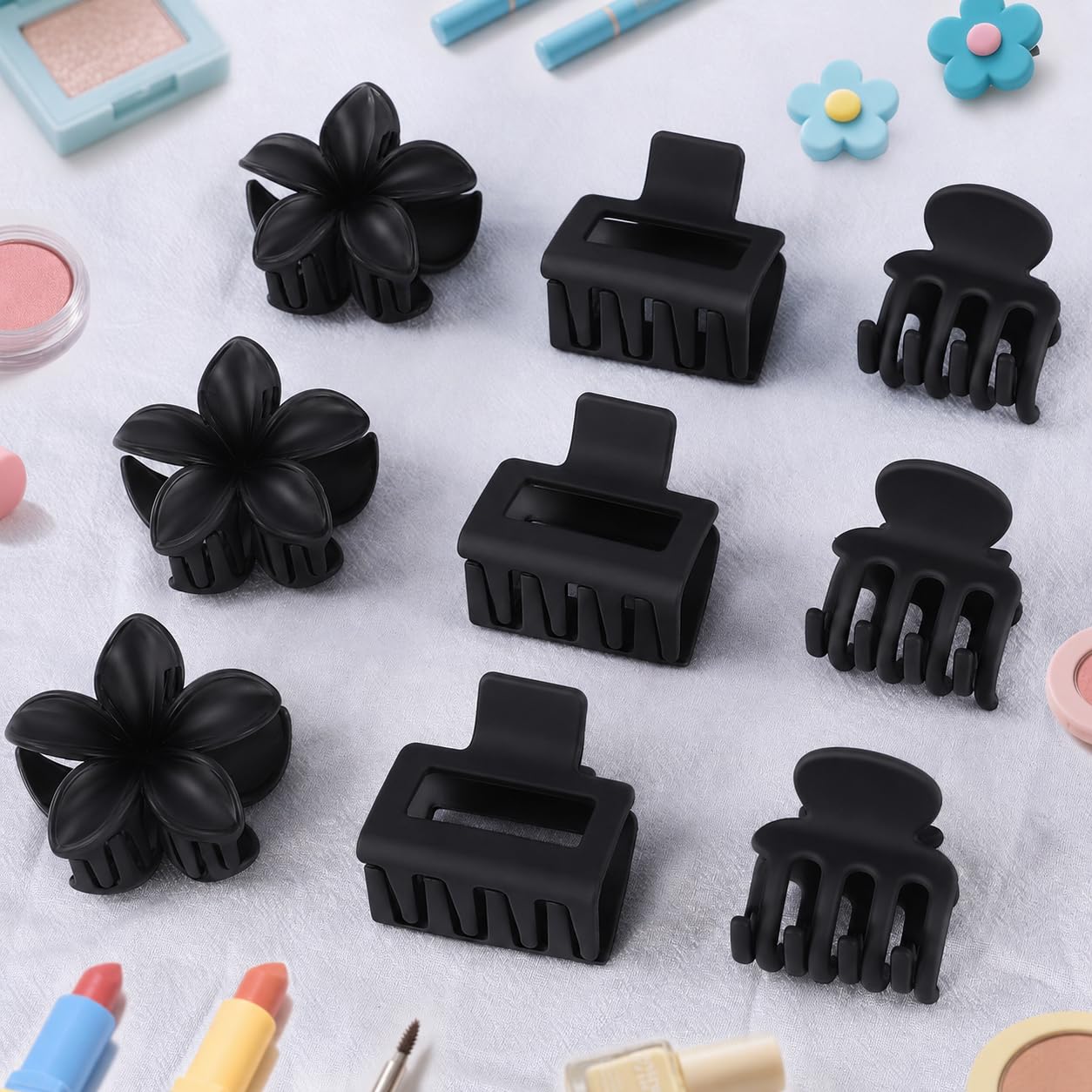 Medium Hair Clips for Women - 9 Pcs Small Claw Clips | Flower & Square Designs for Thin & Thick Hair
