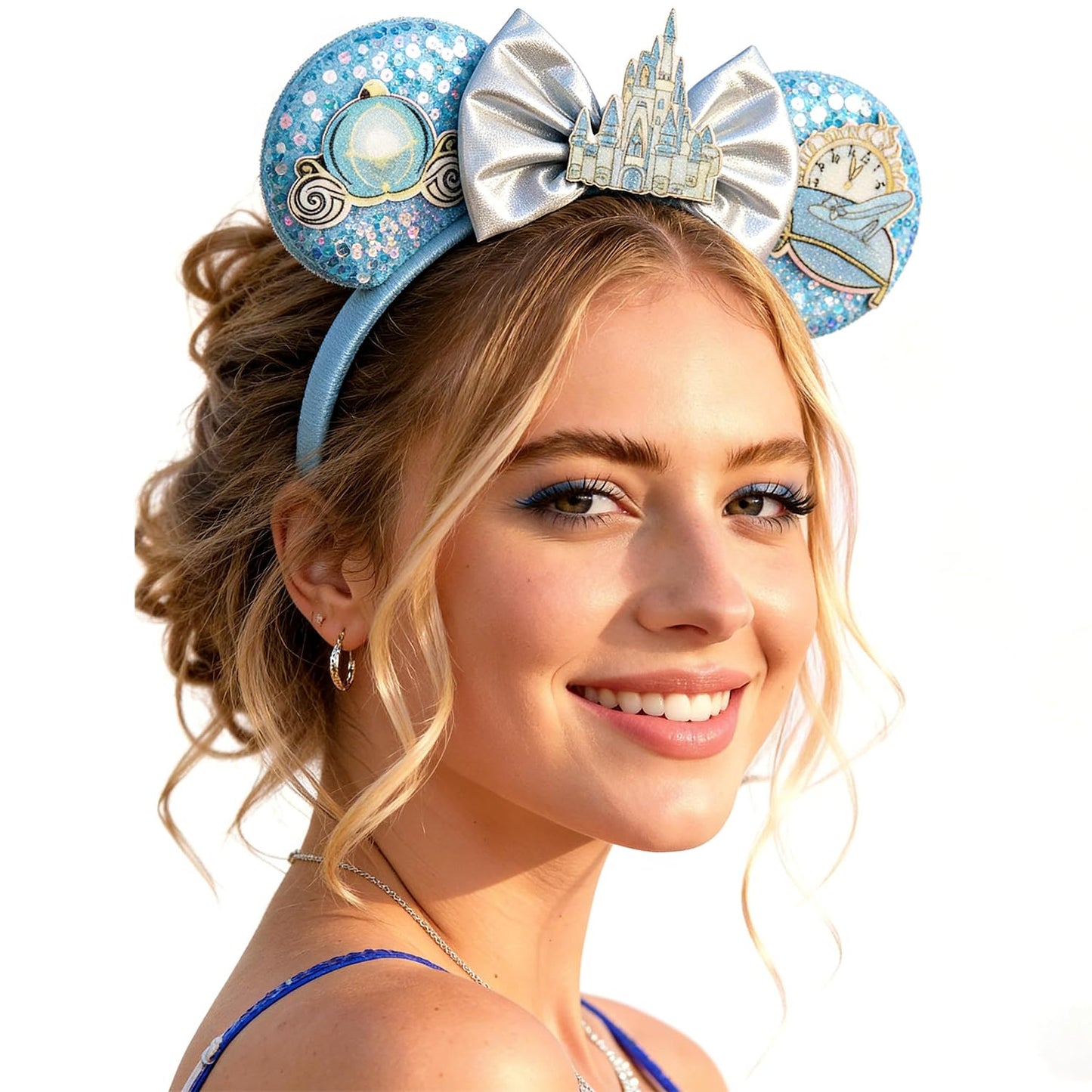 Rostonyra Blue Fashion Headband for Women, Sequin Mouse Ears Headband with Castle Bows for Cosplay Costume Party Decorations Hair Accessories