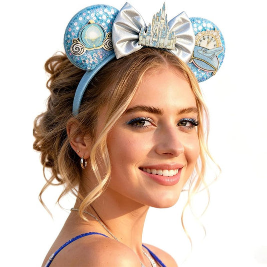 Rostonyra Blue Fashion Headband for Women, Sequin Mouse Ears Headband with Castle Bows for Cosplay Costume Party Decorations Hair Accessories