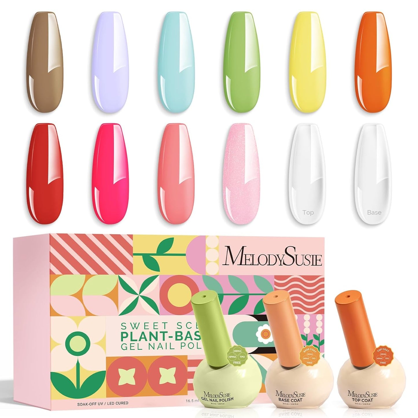 MelodySusie Gel Nail Polish Set - 10 Vibrant Colors with Base & Top Coats | HEMA-Free, 16.5ml Bottles