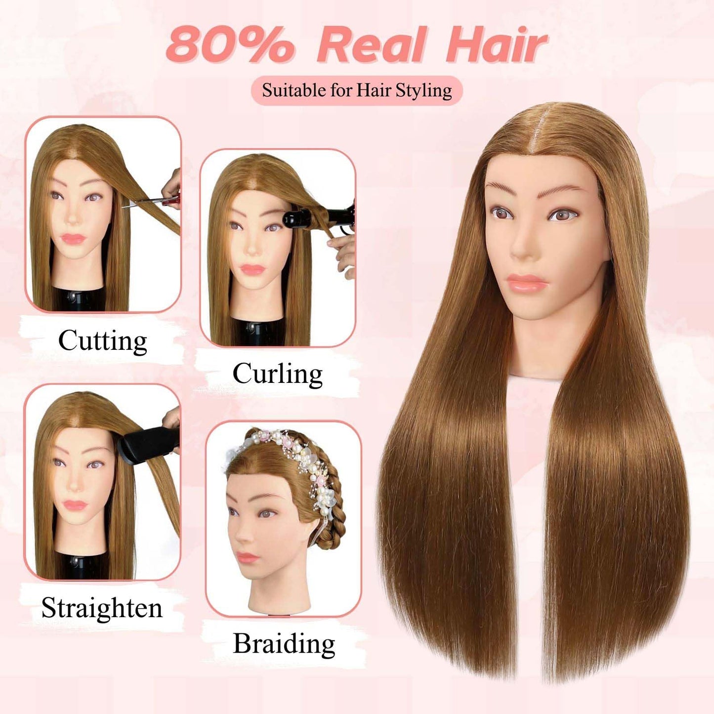 MQHIHI Mannequin Head Human Hair, 80% Real Hair Cosmetology Manikin Head for Practice Braiding Hairstyling Cutting with Free Clamp Holder and Tools (Light Brown)