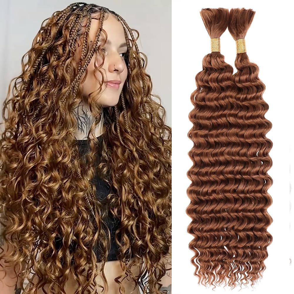#30 Boho Human Hair for Braiding Light Brown Deep Wave Boho Braids Human Braiding Hair 24 24 Inch 100g No Weft Deep Culy 2 Bundles for Knotless Braids