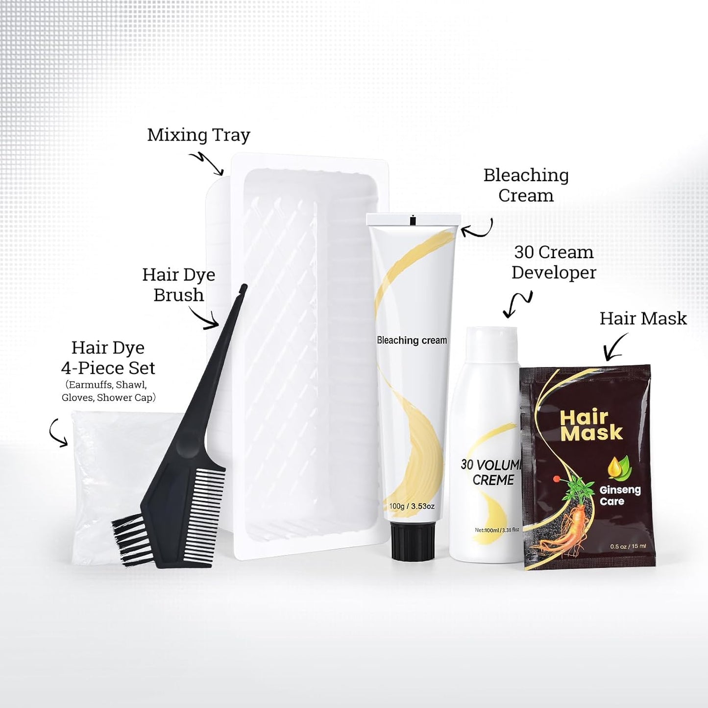 Hair Bleach Kit - Dark Hair Lightener with Protecting Mask | Lifts Up to 8 Shades, Complete Set with Bowl, Brush, Gloves & Cap