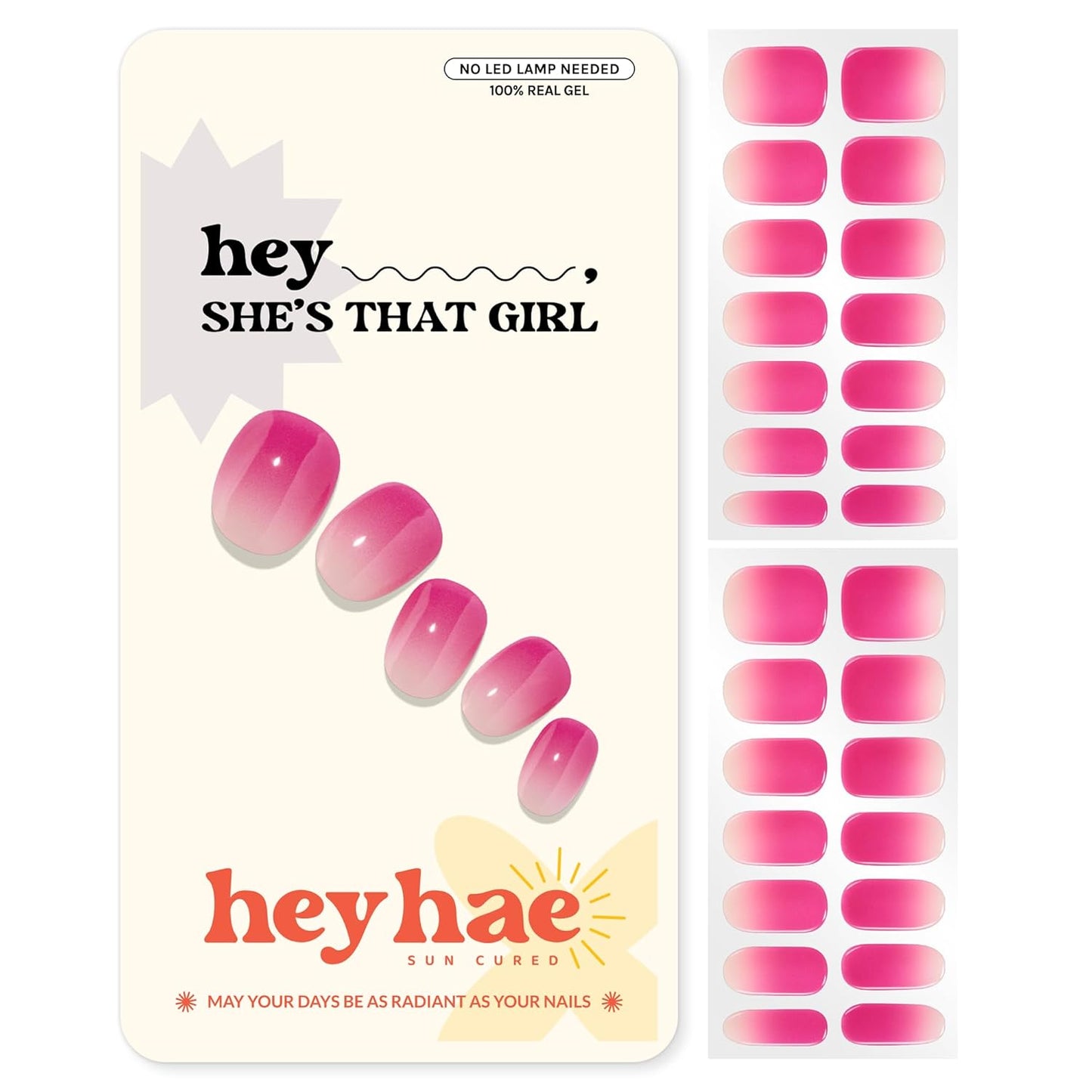 Gel Nail Strips - Semi-Cured Pink Ombre Design | Easy Apply & Remove | 28 Strips, Prep Pads, Nail File & Wooden Stick