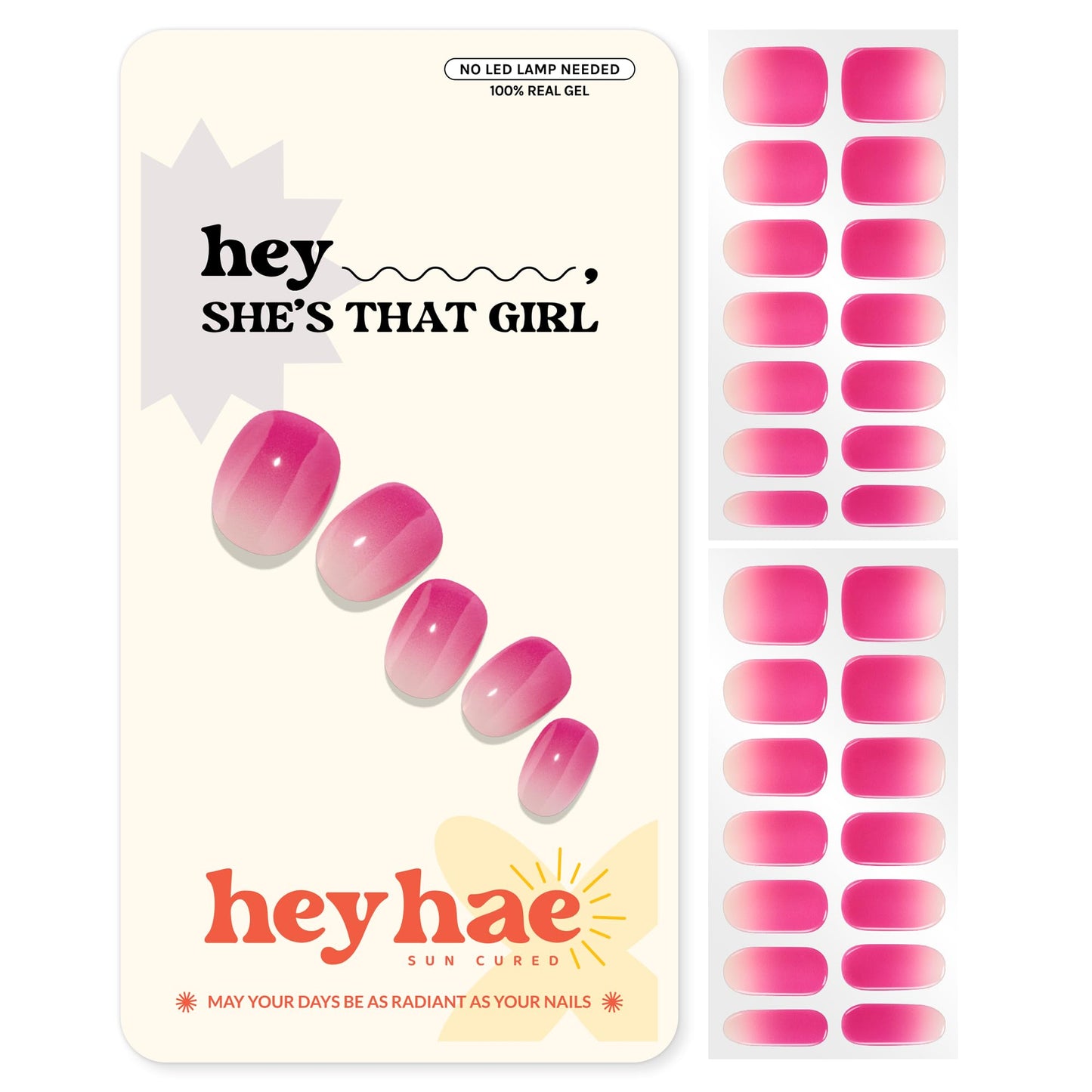 Heyhae Semi Cured Gel Nail Strips | No LED Lamp Needed |Pink, Ombre | Easy Apply & Remove, Salon Quality | Includes 28 Strips, 2 Prep Pads, Nail File & Wooden stick - Hey, She’s that girl