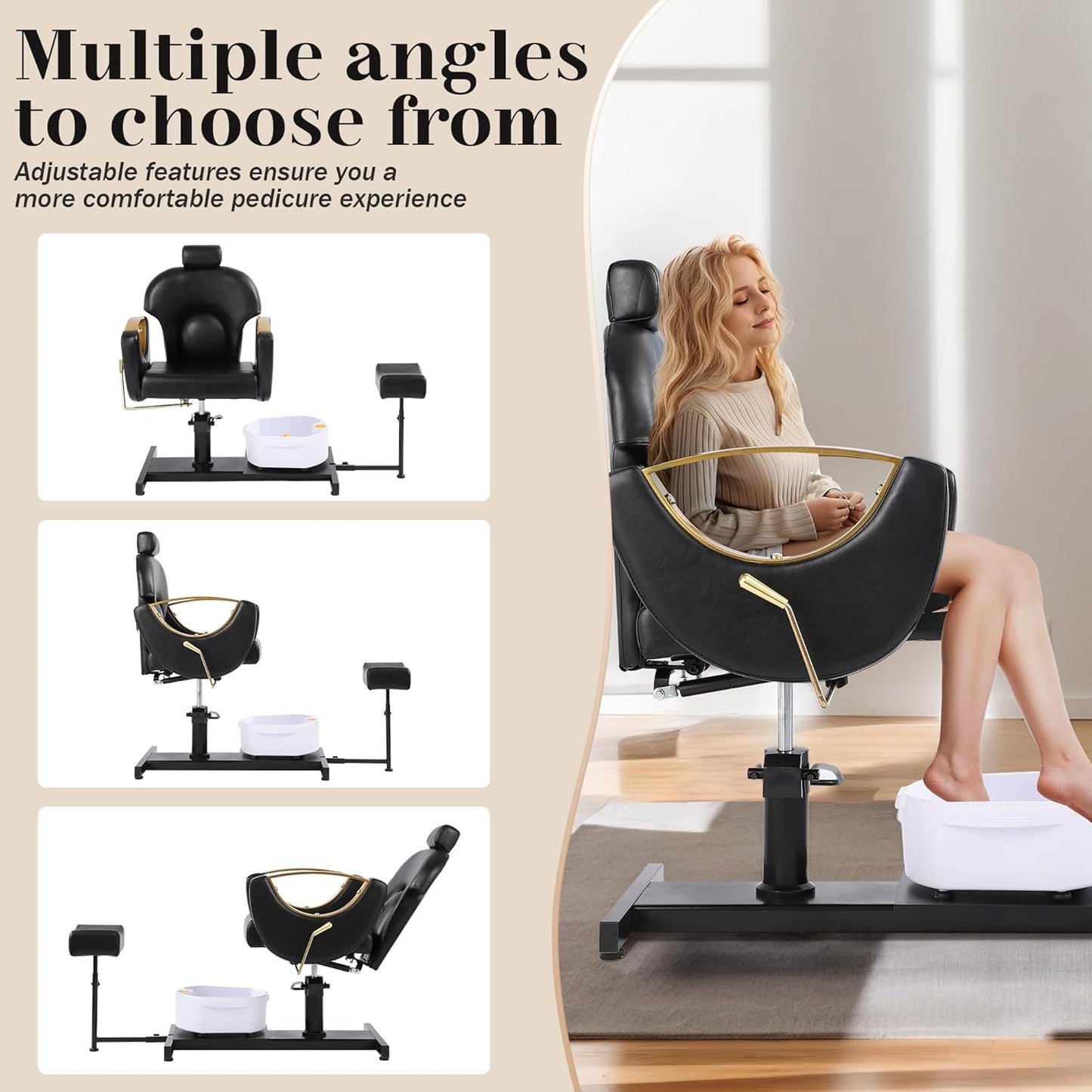 Hydraulic Pedicure Chair - Height Adjustable, 360° Swivel Foot Spa with Massage Bath | Black with Pillow