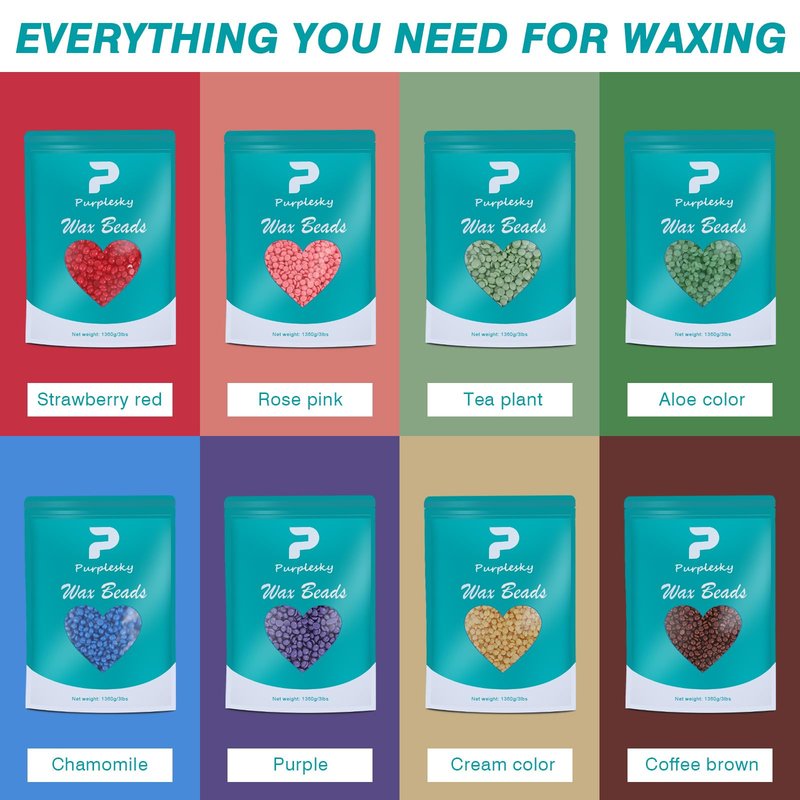 PURPESKY Wax Beads Bulk, 2.4lbs Hard Waxing Beans for Hair Removal, Brazilian Coarse Wax for Face, Leg, Bikini, Home Waxing Kit with Collapsible Bowl/Pot & Collapsible Bowl (Sea salt)