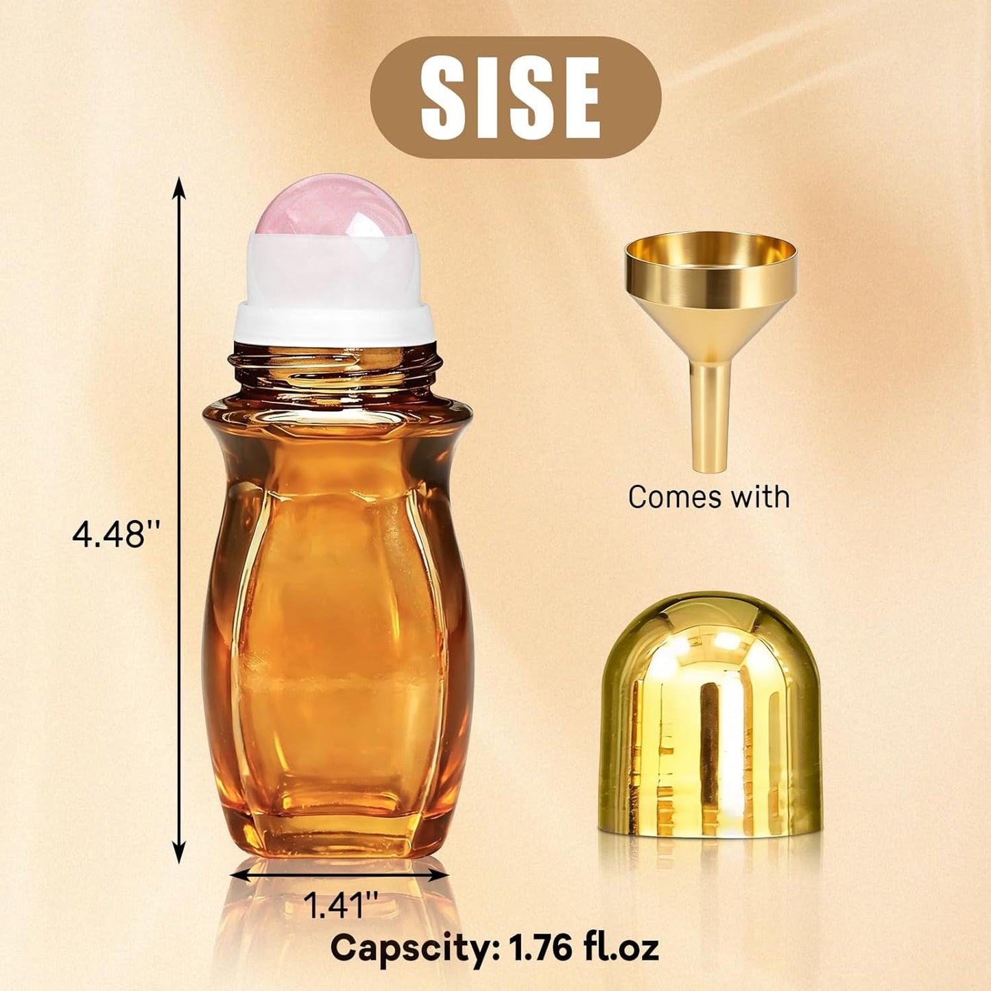 Rose Quartz Roller Bottles - 50ml Refillable Amber Glass for Essential Oils | Leak-Proof Travel Perfume with Natural Crystal Balls