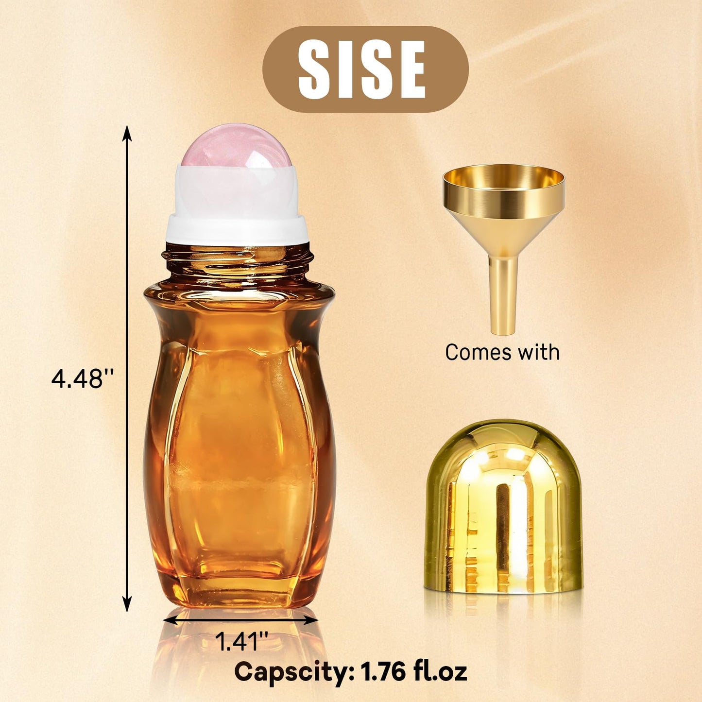 Warmify 4 Pack Rose Quartz Roller Bottles for Essential Oils, 50ml Refillable Amber Glass Roll On Bottles with Natural Crystal Roller Balls, Leak-Proof Travel Perfume Bottle with Gold Caps