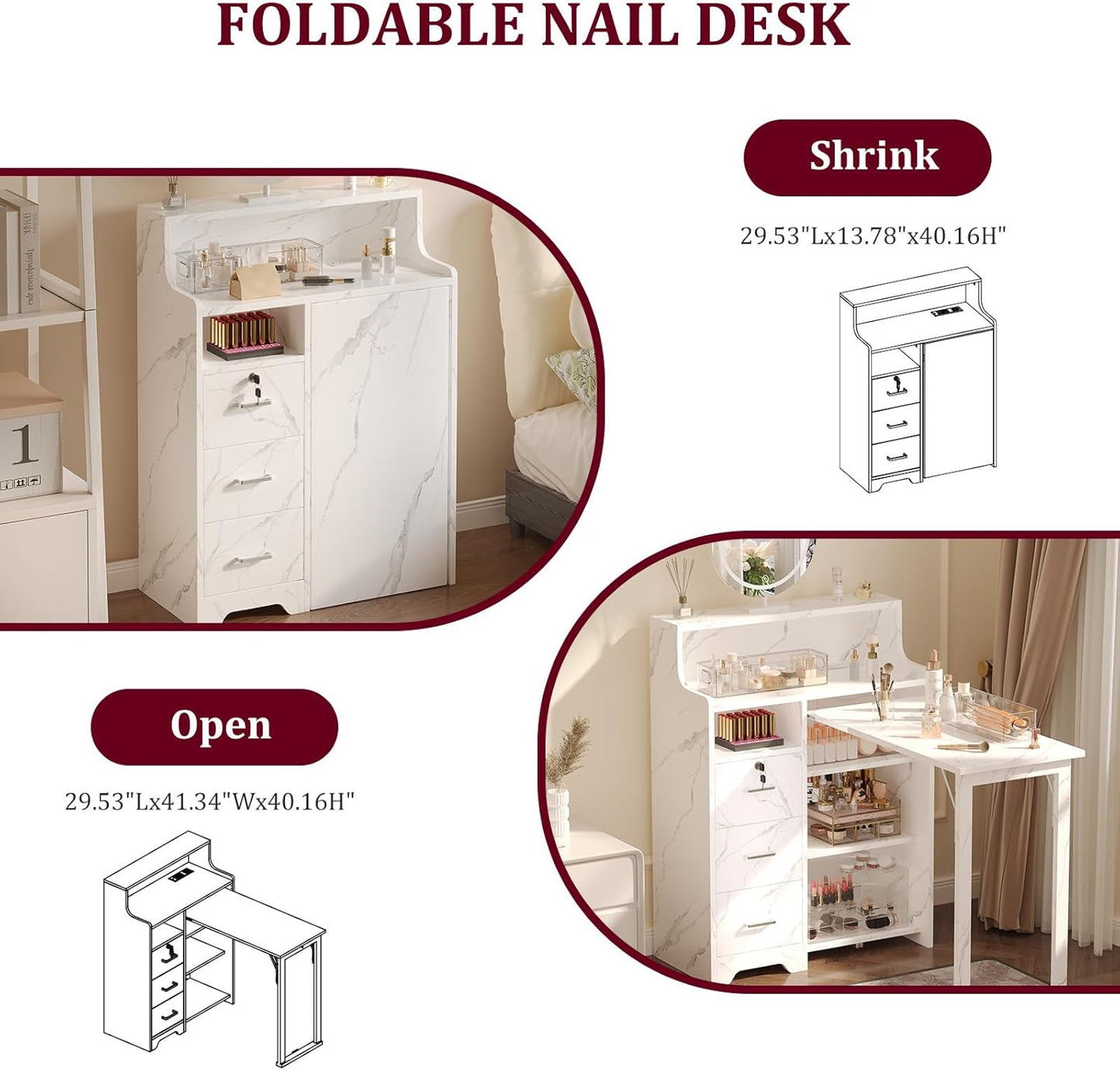 Foldable Nail Desk - Portable L-Shaped Manicure Table with Power Outlets & Lockable Drawer | Professional Home Salon Workstation (Marble)
