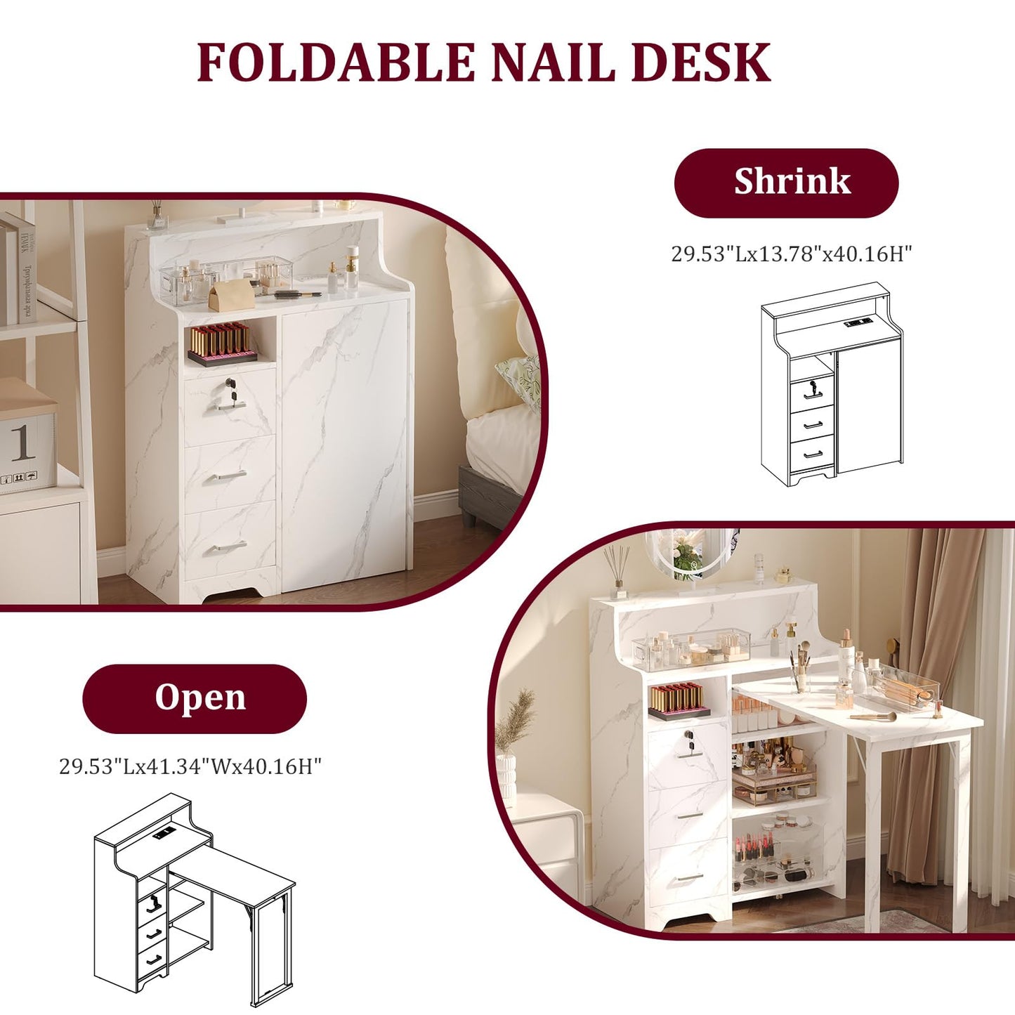 WLLPNG Foldable Nail Desk for Nail Tech, Portable Manicure Table, L Shape Nail Table with Power Outlets & Lockable Drawer & Shelves, Professional Nail Tech Workstation for Home Salon (Marble)