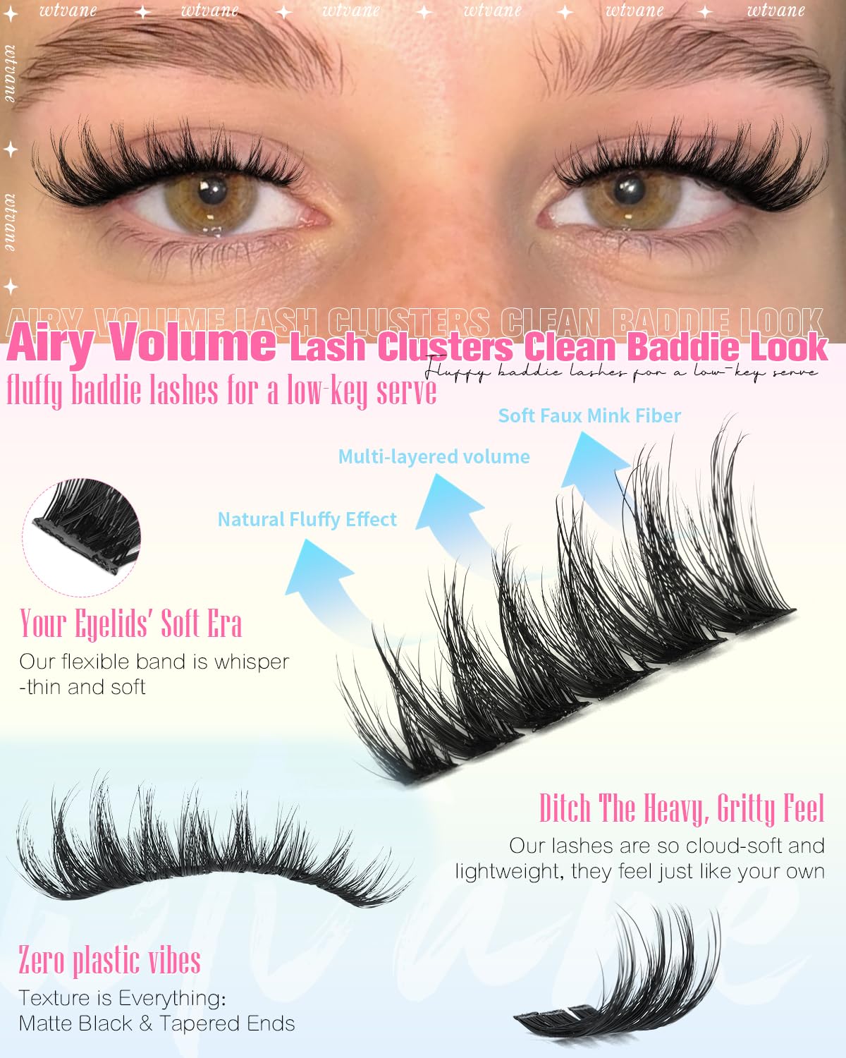 Wtvane Wispy Lash Clusters Fluffy Eyelash Cluster Natural 10-16MM Clusters Eyelash Extensions 200Pcs Fairy Lashes Clusters CD Curl Individual Lashes Cluster with Thin Band Spider Lash Clusters