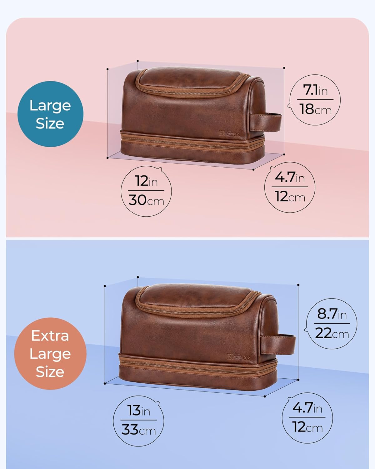Elviros Toiletry Bag - Men's PU Leather Travel Organizer Kit | Large Water-Resistant Bathroom Shaving Bag (Dark Brown)