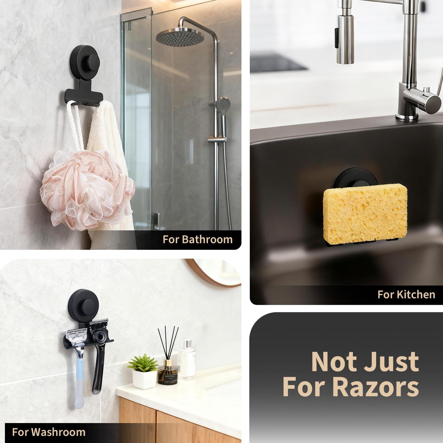 Fenas Suction Cup Razor and Shaver Holder for Shower Wall, Stainless Steel Reusable Suction Hook for Towel and Loofah, Damage-Free Installation (2, Matte Black)
