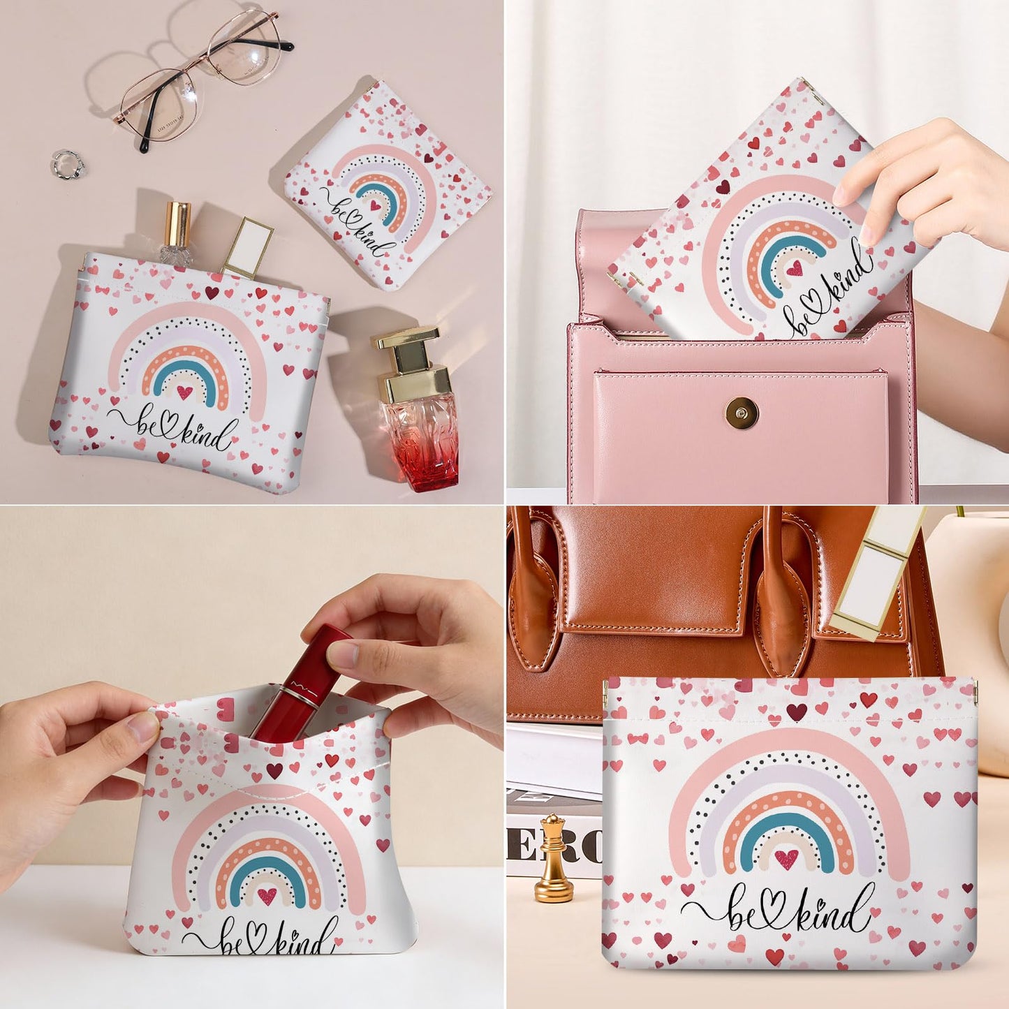 Luoycxy 2 PCS PU Leather Small Makeup Bag Set for Purse,No Zipper Self-closing Cosmetic Bag, Portable Coin Purse Lipstick Accessories Organizer Travel Toiletry Storage Pouch for Women,Rainbow