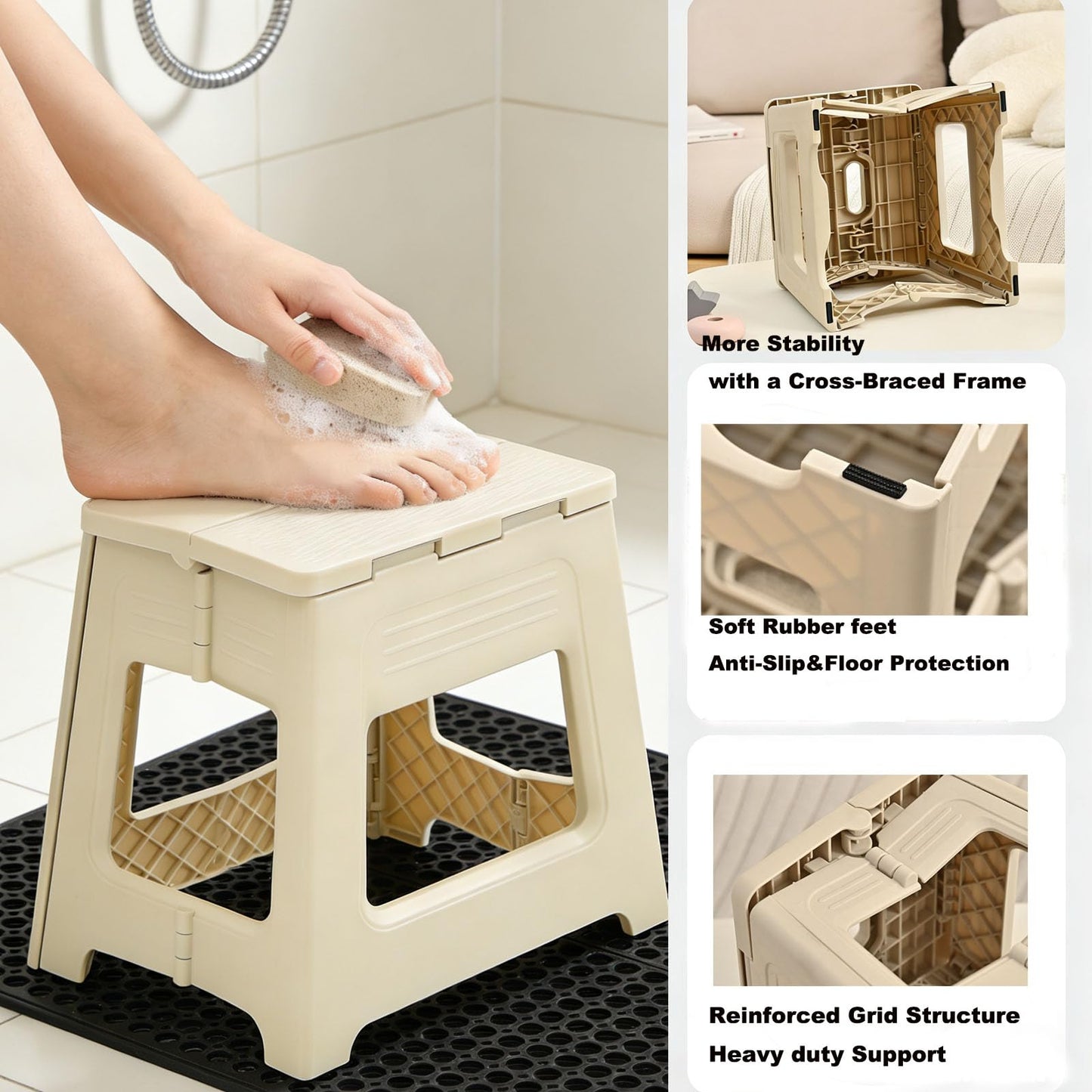 Glooyoderr Foldable Shower Stool for Shaving Legs, Plastic Shower Foot Rest for Inside Shower,11.9" High Anti-Slip Foot Step to Shave Leg Small Folding Bench Shaving Stool for Travel/Bathroom