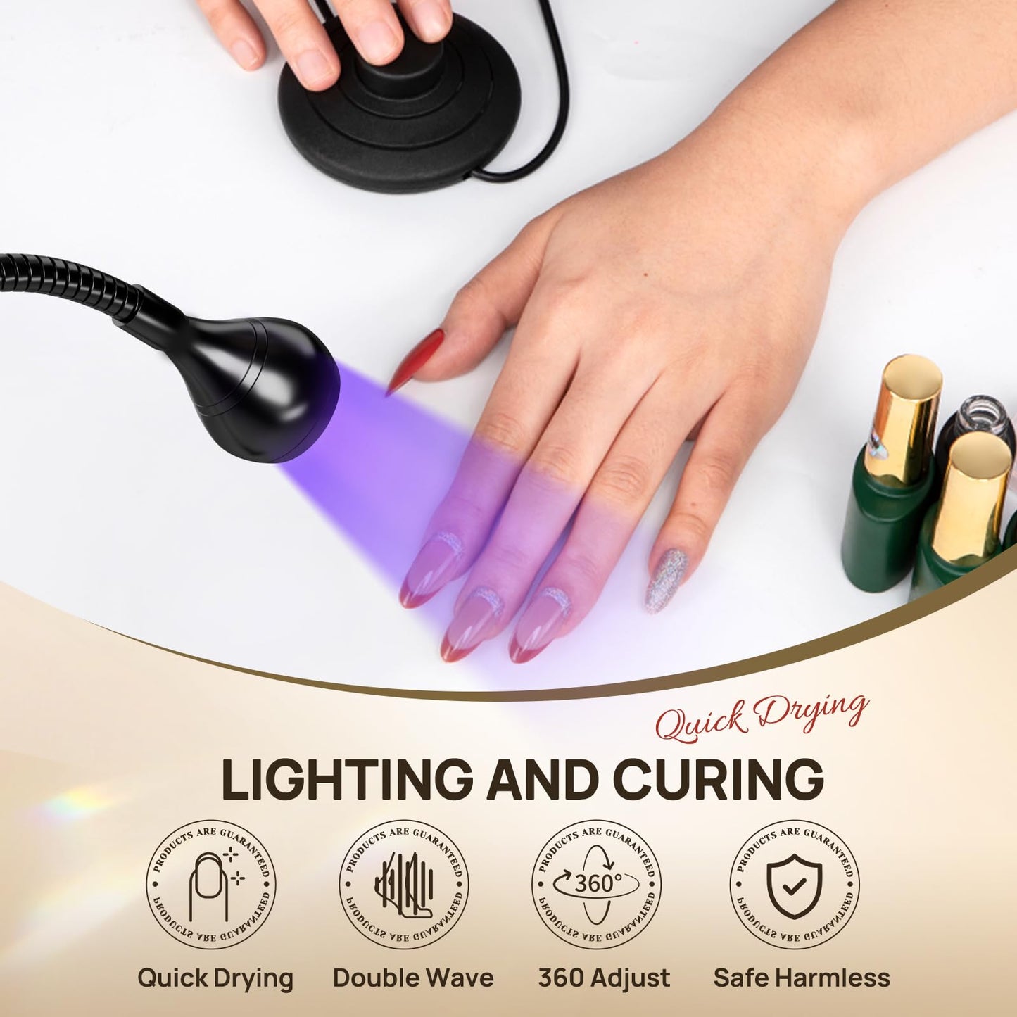AORAEM UV LED Nail Lamp, Quick Drying UV Light for Gel Nails Foot Control LED Nail Cure Lamp, Flash Cure Light with Black Gooseneck and Clamp for Gel Nails