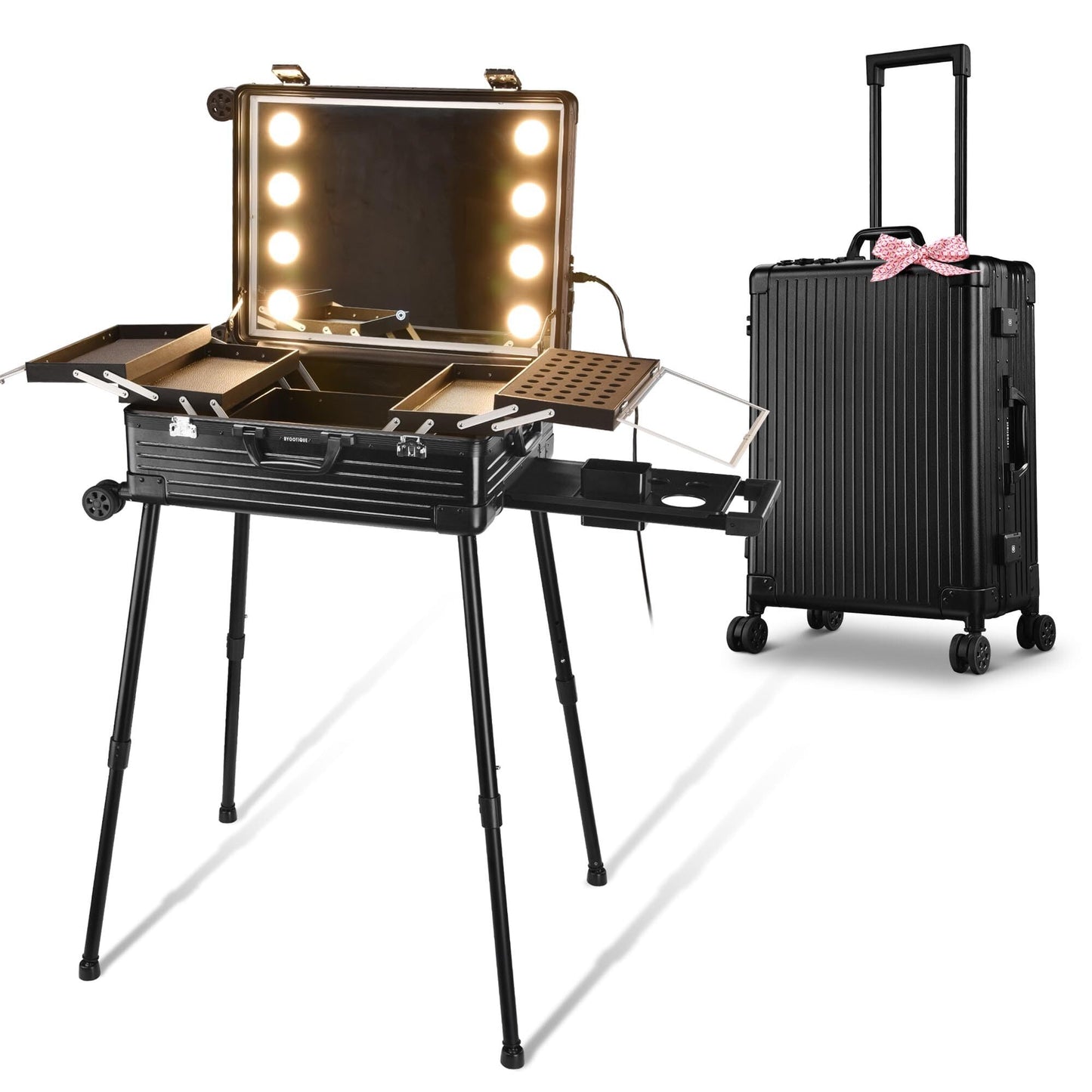 BYOOTIQUE Rolling Makeup Case with LED Lighted Mirror 24 Inch Professional