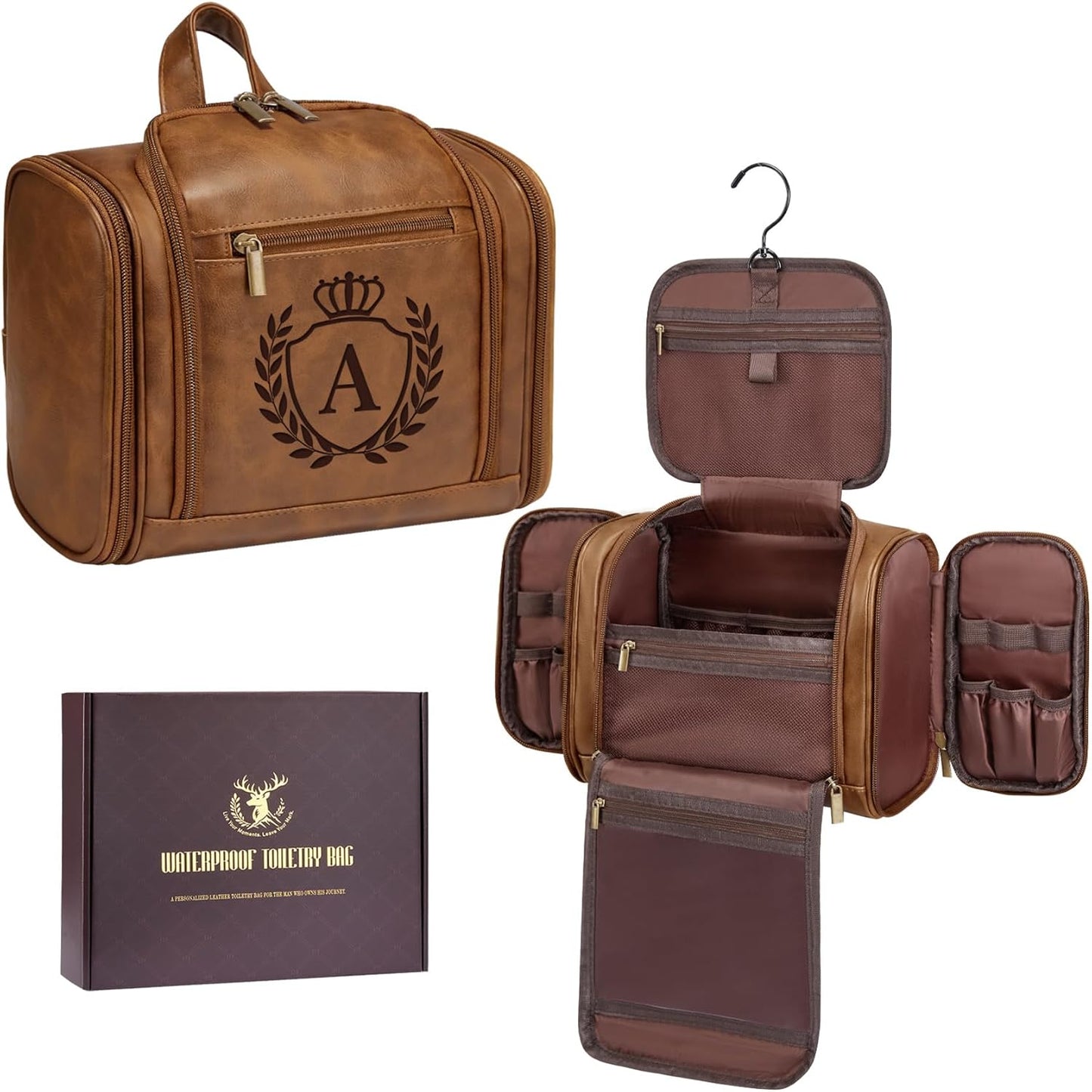 Personalized Leather Travel Toiletry Bag | Men's Dopp Kit Organizer - Tan Brown with Initial J