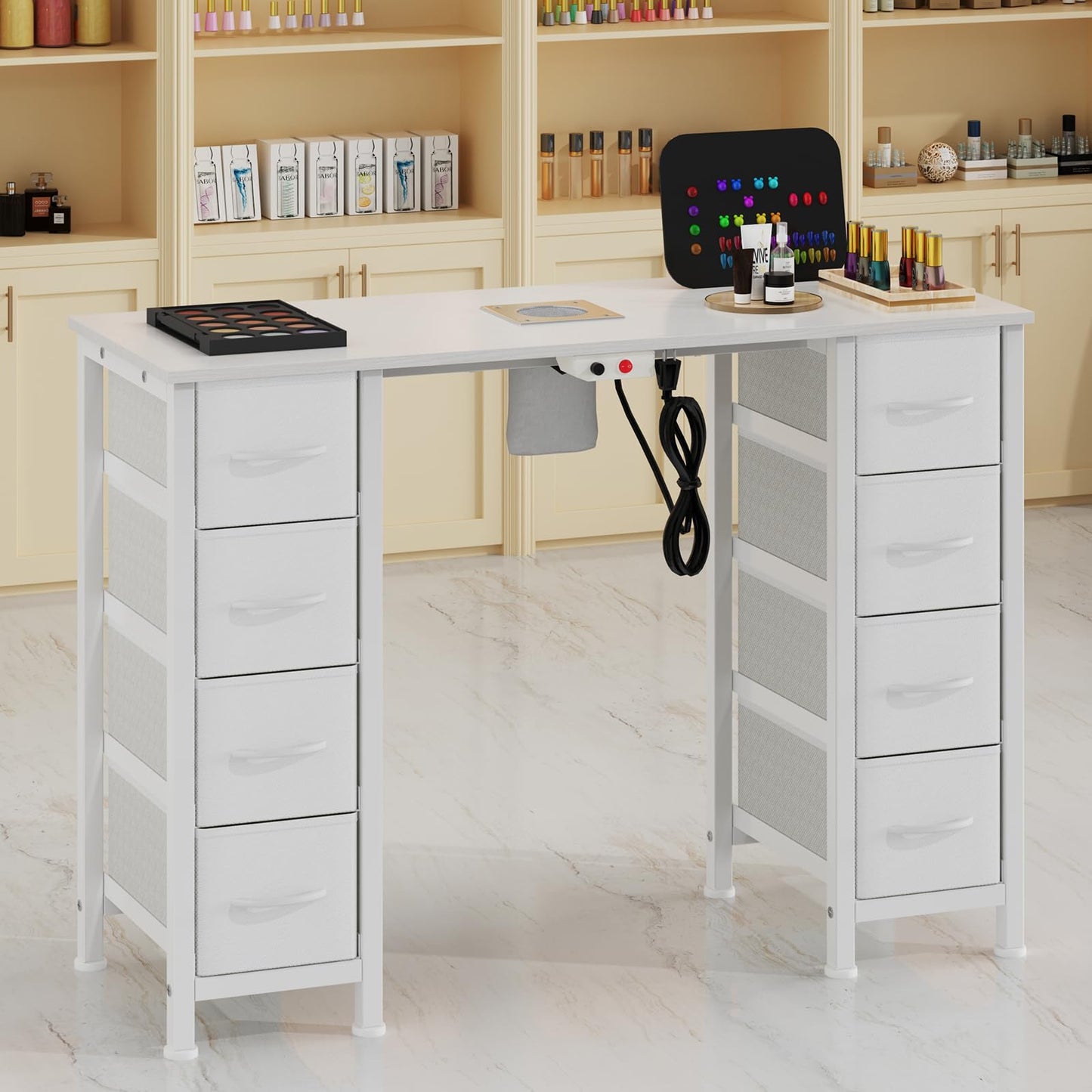 DrawXynth Nail Desk, Manicure Table, Nail Beauty Salon Workstation w/Electric Dust Collector, 8 Fabric Drawers