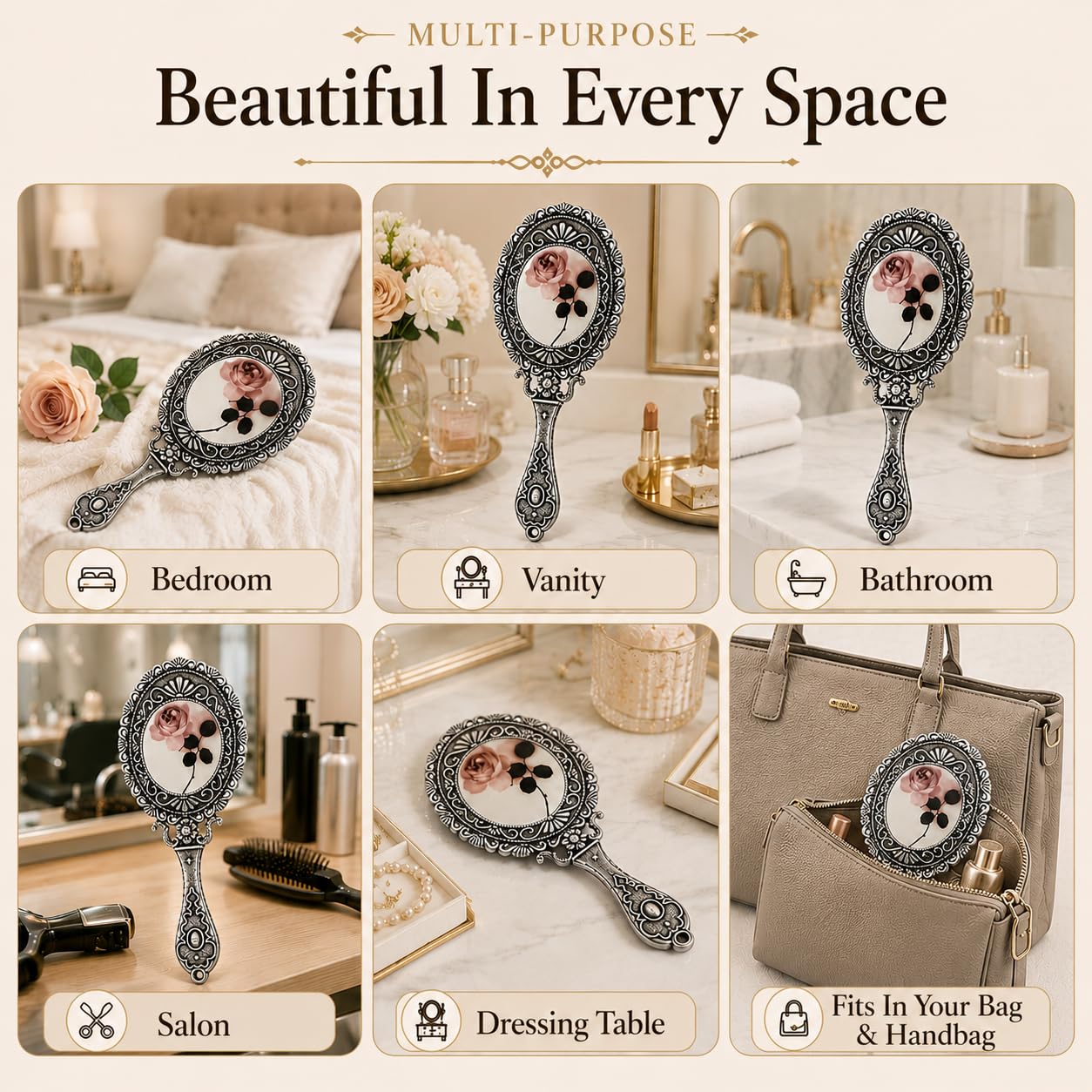 SEHAMANO Hand Mirror with Handle Compact Handheld Makeup Mirror Rose Cosmetic Clear Mirror (Matt Silver (Tin))