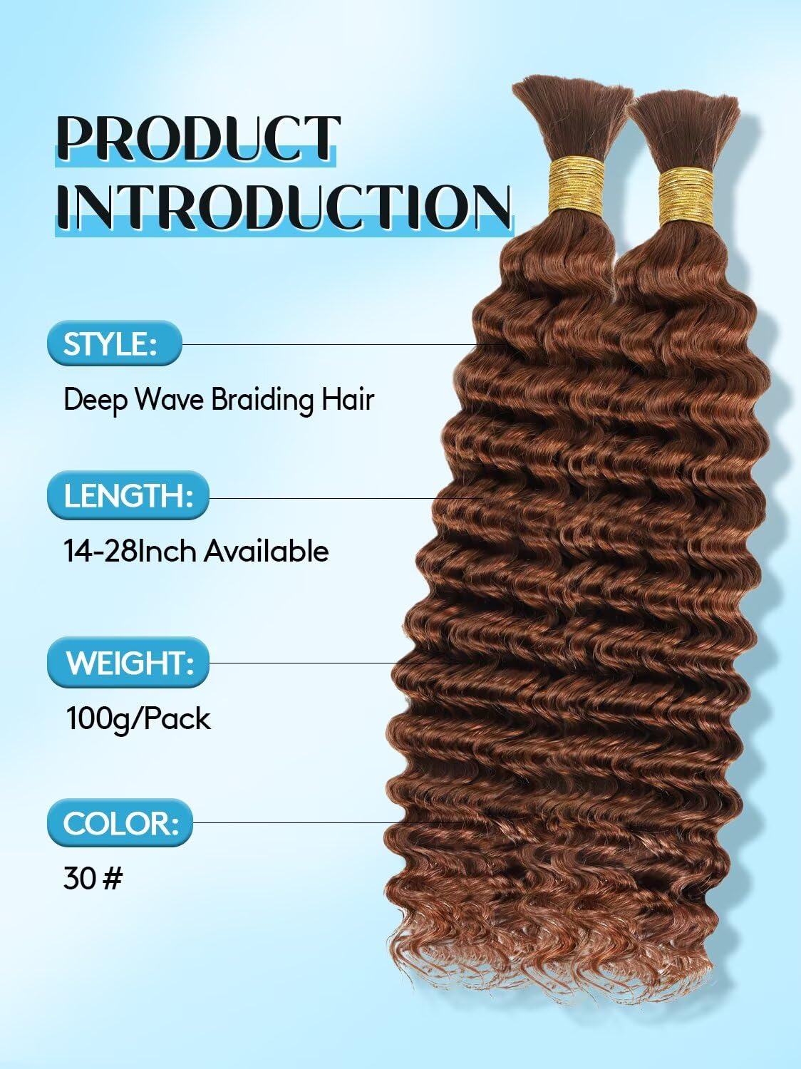 100% Unprocessed Human Hair for Braiding, #30 Auburn Pre-Separated Curly Bulk Hair, 12A Grade Deep Boho Braiding Hair Extensions, Natural Glossy Finish,20 Inch 100g 2 Bundles