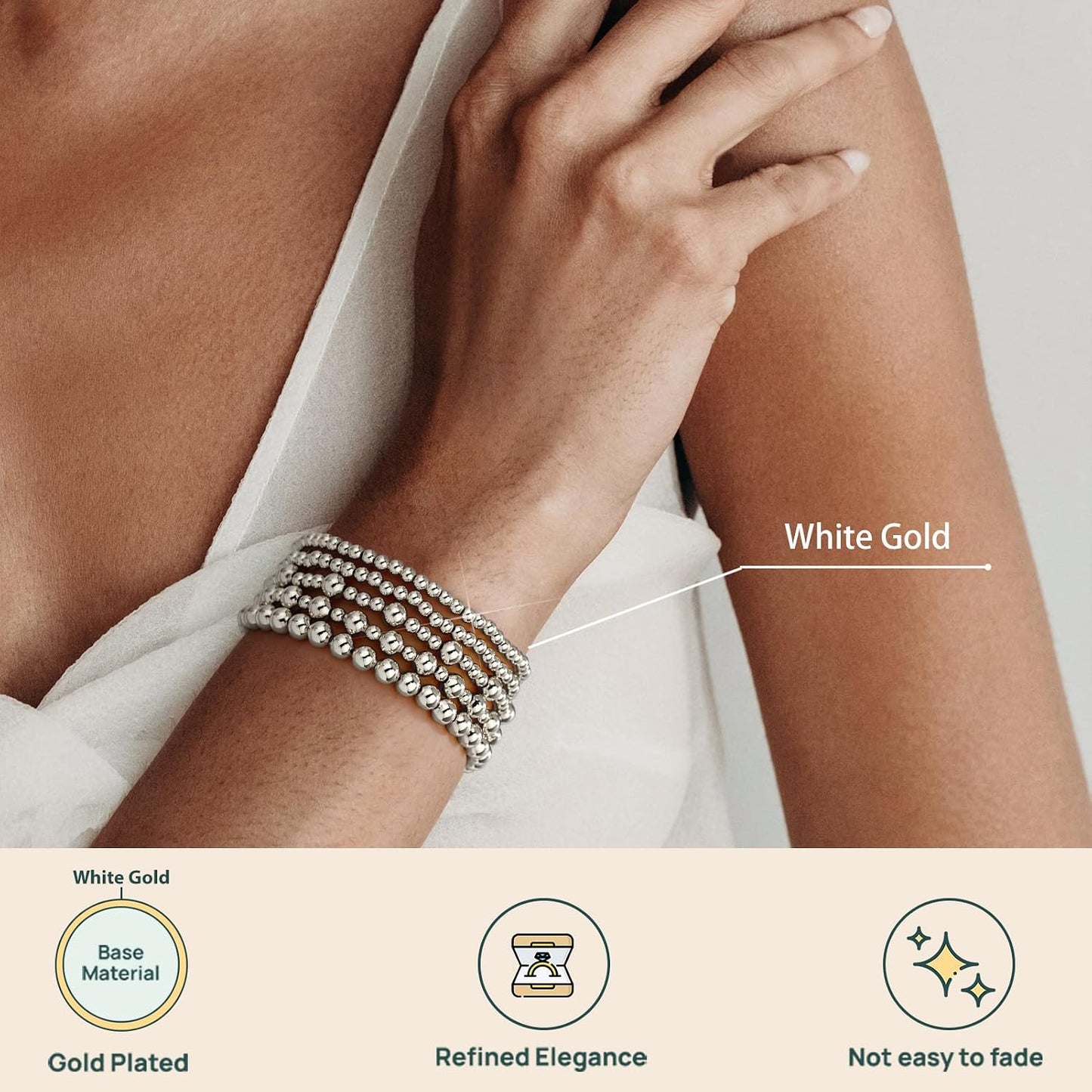 Gold Bracelets for Women - Waterproof 14K Gold Plated Beaded Strand Adjustable Jewelry Set | Perfect Gift