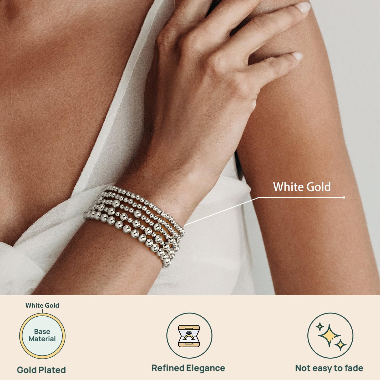 adoyi Silver Bracelets for Women, 14K Gold Plated Beaded Strand Bead Ball Bracelets stack Set Adjustable Set Trendy Non Tarnish Jewelry Sets for Gifts