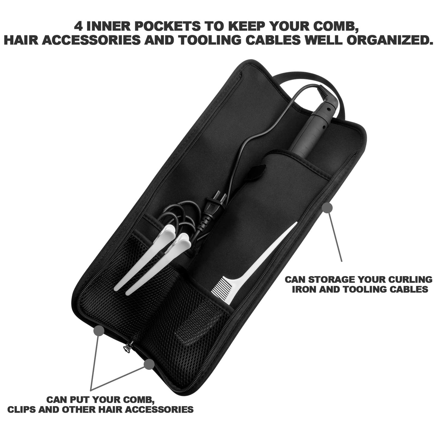 Beautyflier Universal Curling Iron Travel Case, Canvas Heat-Resistant Curling & Flat Iron Holder Travel Case, Hot Curling Iron Holder for Hair Tools Travel Bag or Daily Use (White & Black Flower)