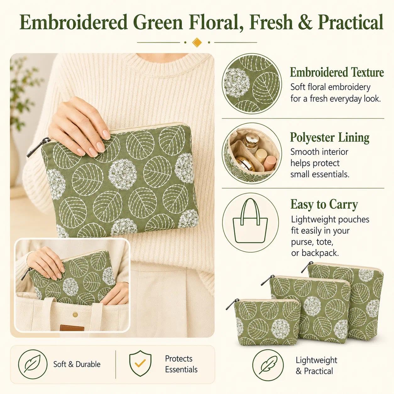 BBORGDC Small Cosmetic Bag Set of 3 for Purse, Green Floral Cotton Makeup Pouch Set, 3 Sizes Zipper Organizer for Travel & Toiletries, Gift for Her Birthday, Bridesmaid & Best Friend