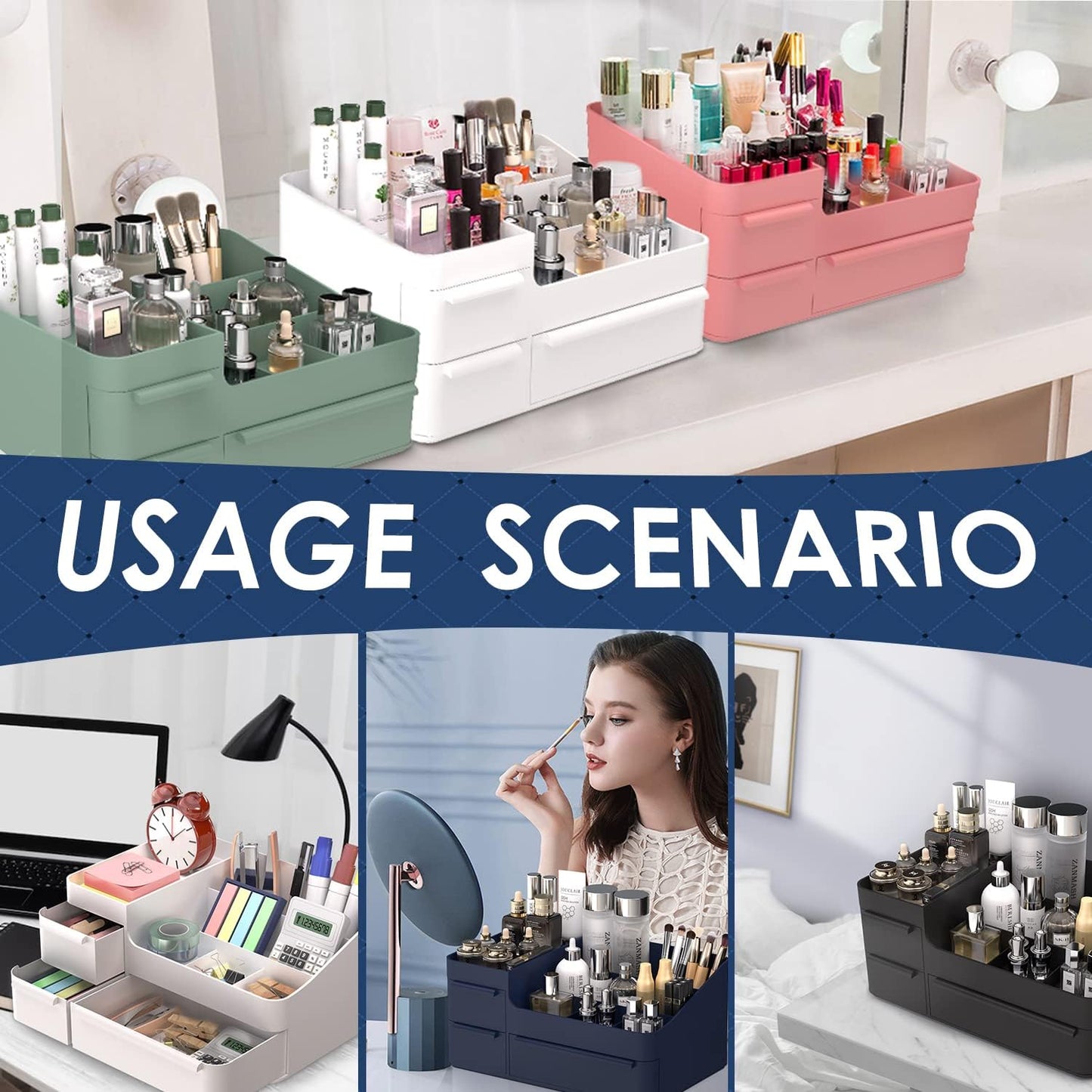 Makeup Organizer - Stackable Vanity Storage Box for Cosmetics & Jewelry | Black Drawer Tray