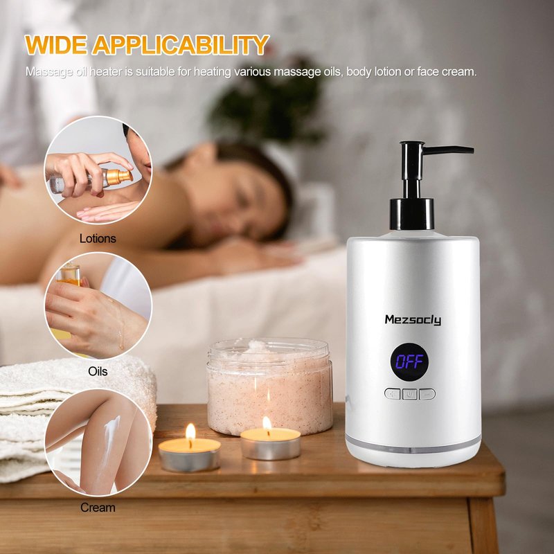 Oil Warmer for Massage oil warmer for scented oil, Massage Oil Warmer, lotion warmer, Body Oil Heater for Spa, Salon and Barber Shops, with Two Oil Bottle Dispenser, Constant Temperature, Silver