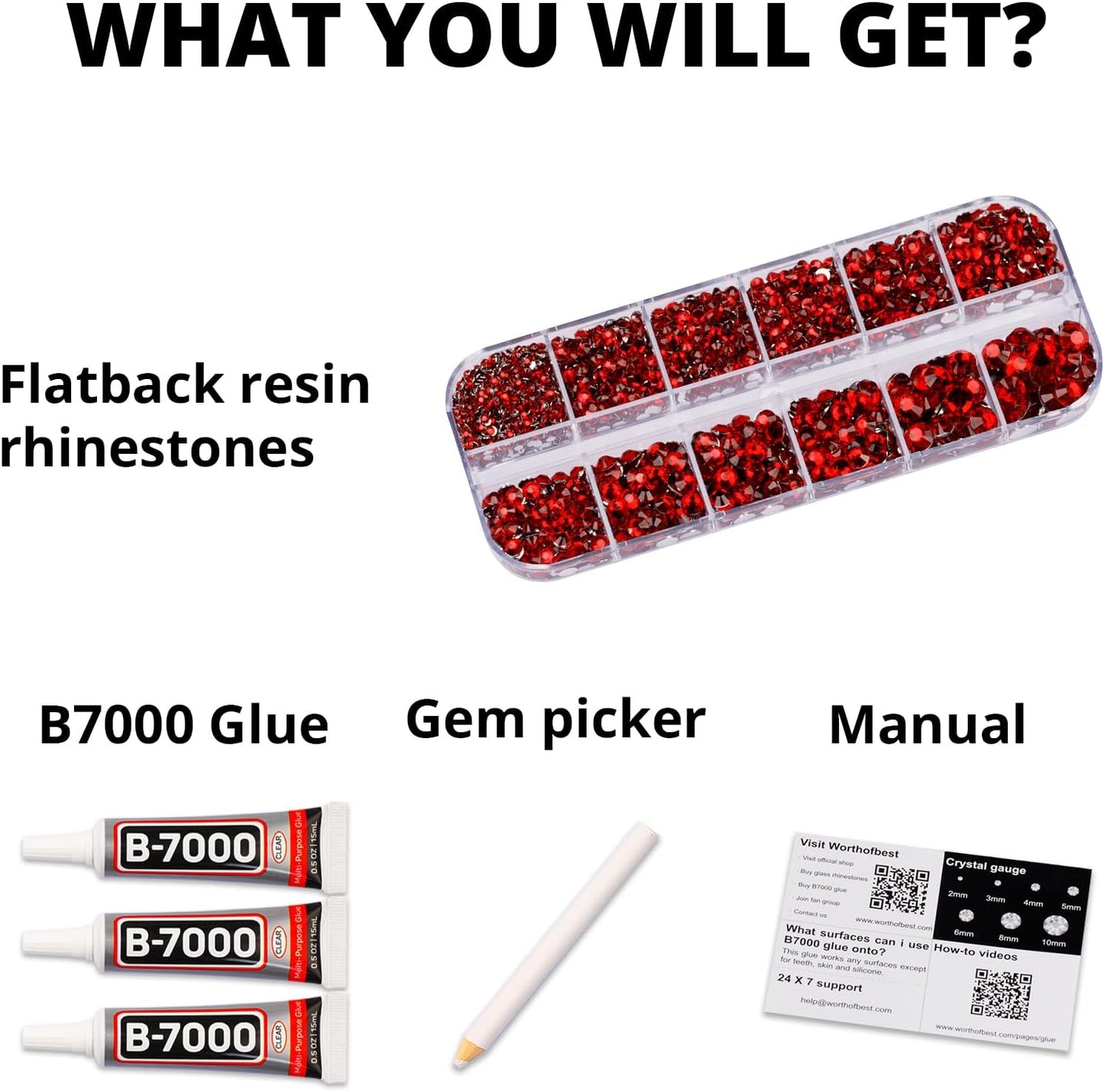 Red Rhinestones Bedazzler Kit - 6500 Pcs Flatback Crystals & B7000 Glue | 2-6mm Resin Gems for Crafts, Clothes, Shoes, Nails