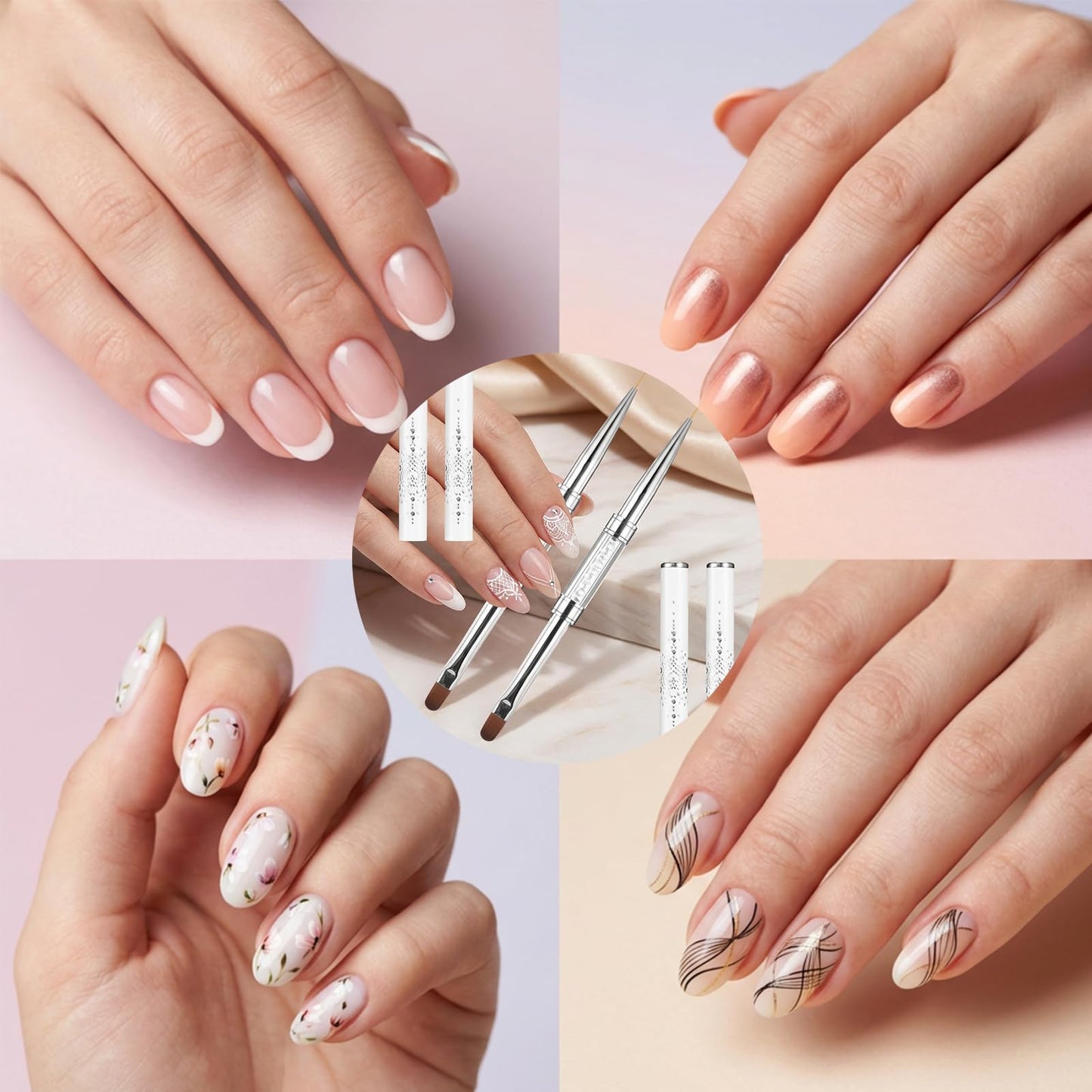 2Pcs Professional Hard Gel Nail Brushes, Dual-Ended Builder Gel Brush Set with Rhinestone Handle, Oval & Liner Brushes for French Tip, Acrylic & Polygel Application