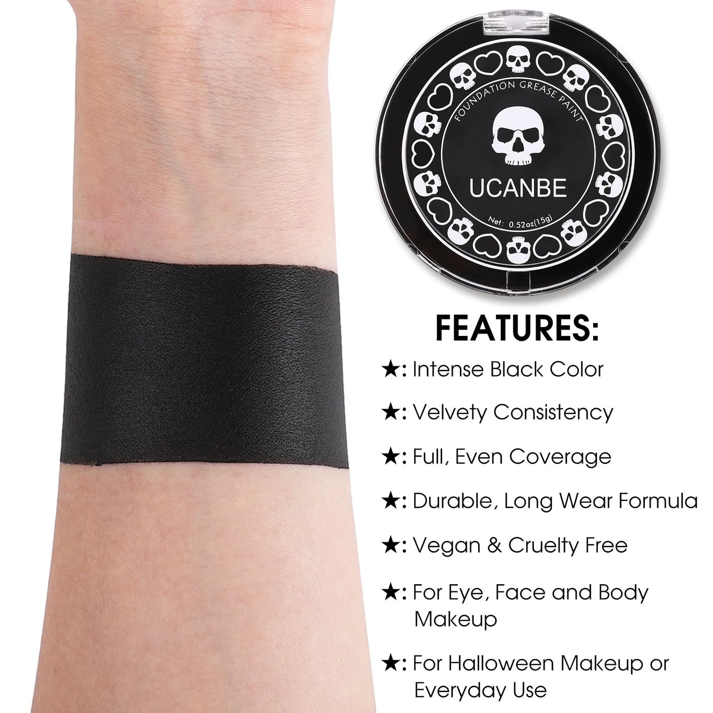 UCANBE Black Cream Face & Body Makeup Foundation, Professional Non-Toxic Greasepaint, Halloween Face Body Paint Palette for Kids & Adults, Facepaint for SFX Clown Zombie Vampire Skull Skeleton Cosplay