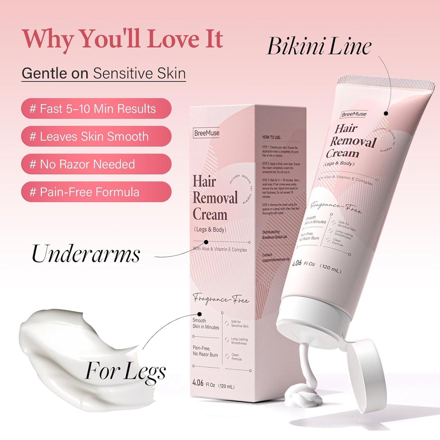 BreeMuse Hair Removal Cream for Women, Painless Depilatory Cream for Legs, Bikini Line & Underarms, Fast 5-10 Minute Body Hair Remover for Sensitive Skin with Moisturizing & Smoothing Formula