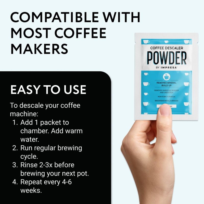 Impresa Descaling Powder & Coffee Machine Cleaning Powder for Breville, for Keurig, for Nespresso, for Delonghi, for Ninja & More - Espresso Machine Descaler - Pot & Coffee Maker Cleaner [10 Uses]