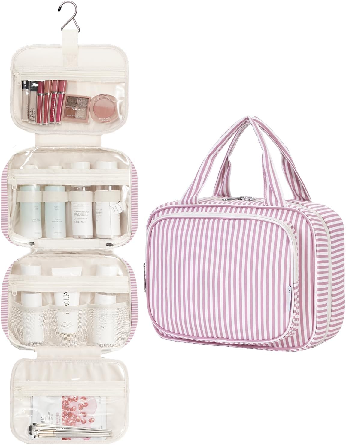 Striped Hanging Toiletry Bag for Women - Travel Makeup Organizer | Medium Dusty Pink Stripe