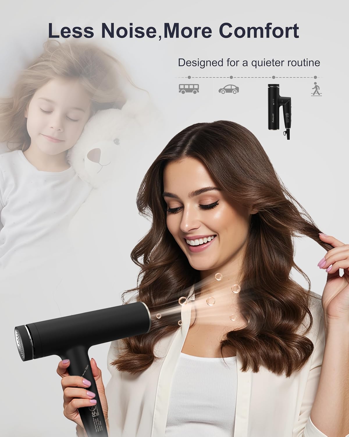 Annlary Hair Dryer - Ionic Blow Dryer with Diffuser for Curly Hair | Low Noise, Foldable Travel Design | 6.5Ft Cord, Magnetic Nozzle