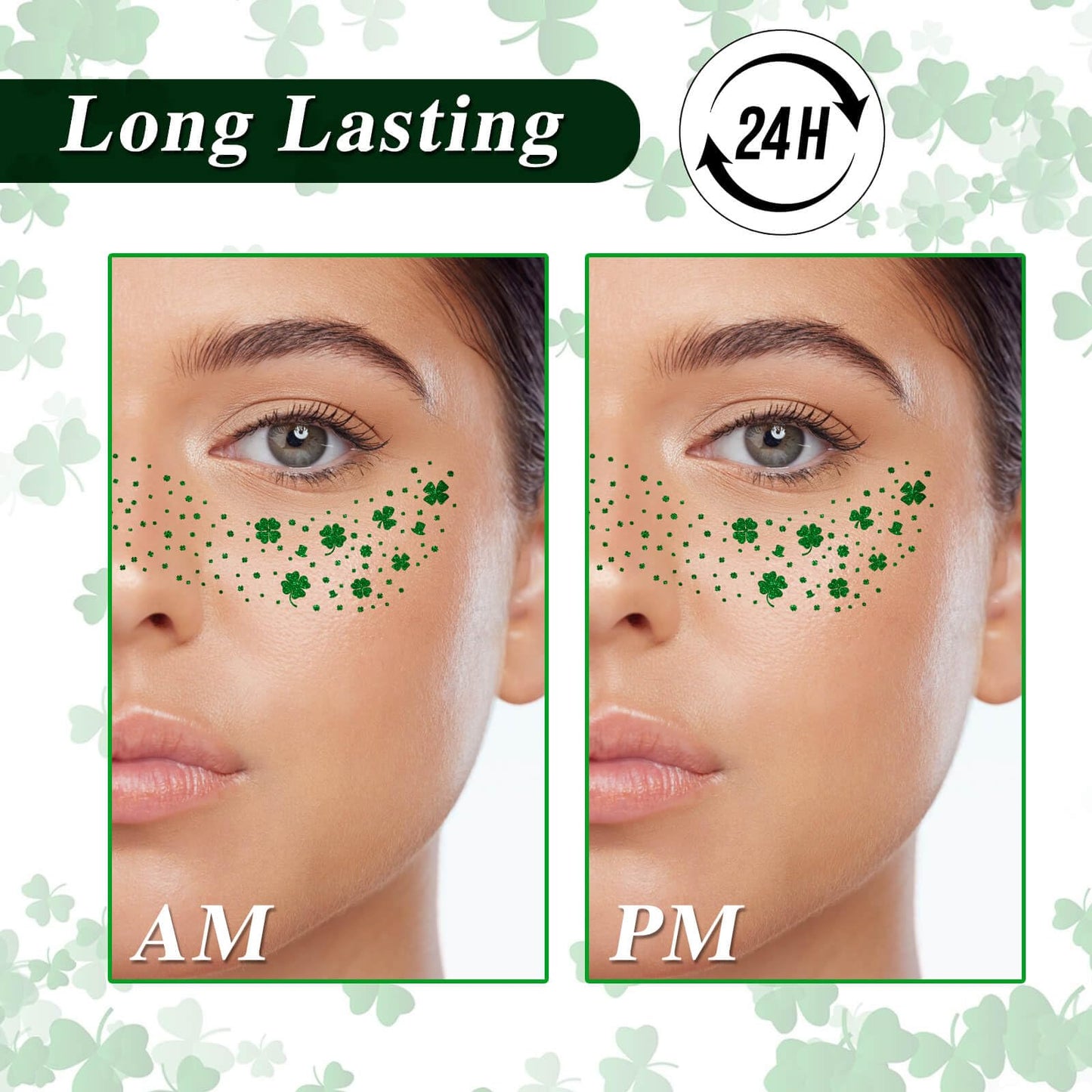 MEICOLY Shamrock Glitter Freckle Stickers,St Patricks Day Accessories for Women,St Paddys Temporary Tattoos for Kids,Waterproof Clover Face Sticker,Sparkle Saint Patrick's Day Green Makeup,6Pcs